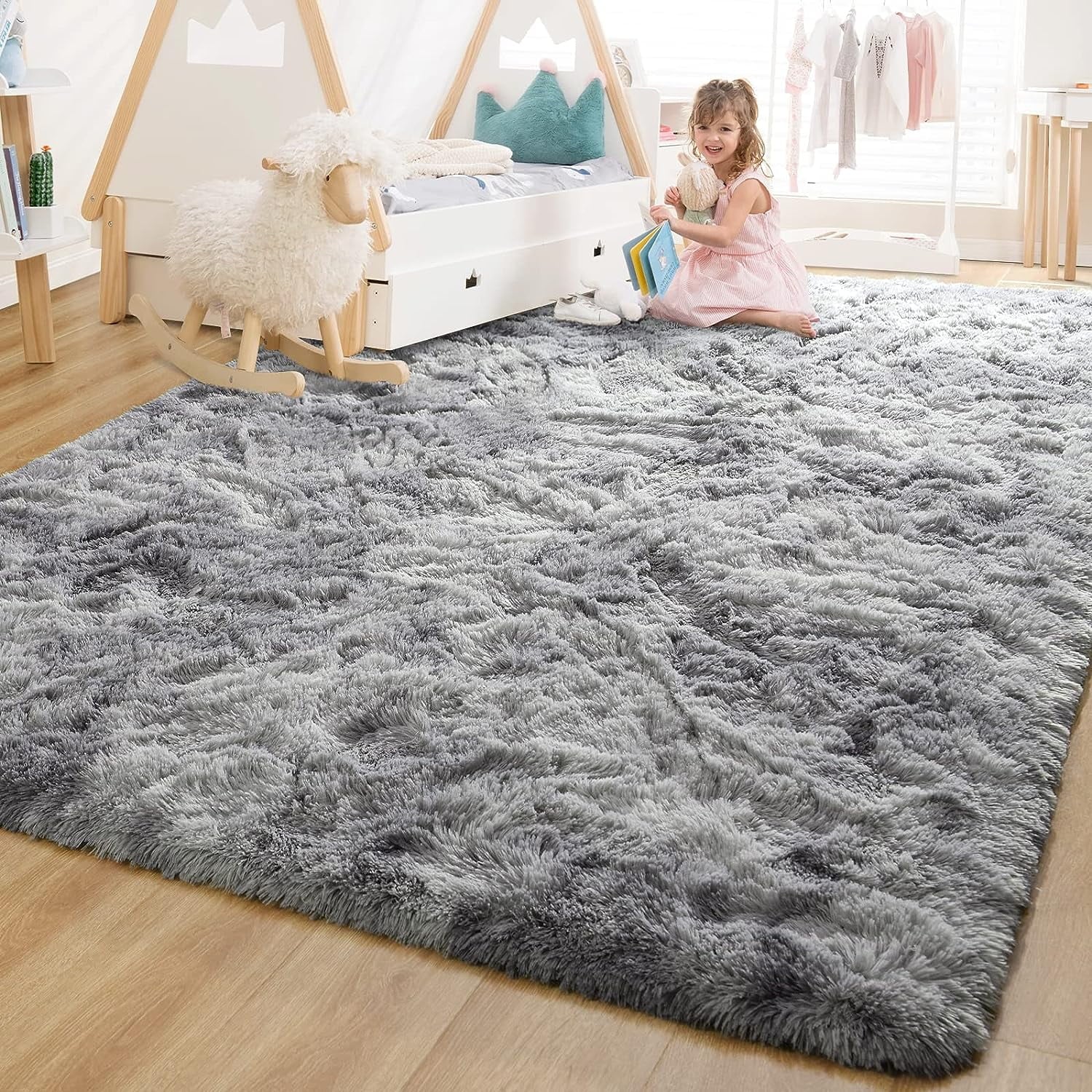 Area Rug for Living Room,Brochao 5ft x 8ft Ultra Shag Area Rug Fluffy Rug,Soft Fuzzy Non-Slip Carpet Mat for Home Decor,Grey