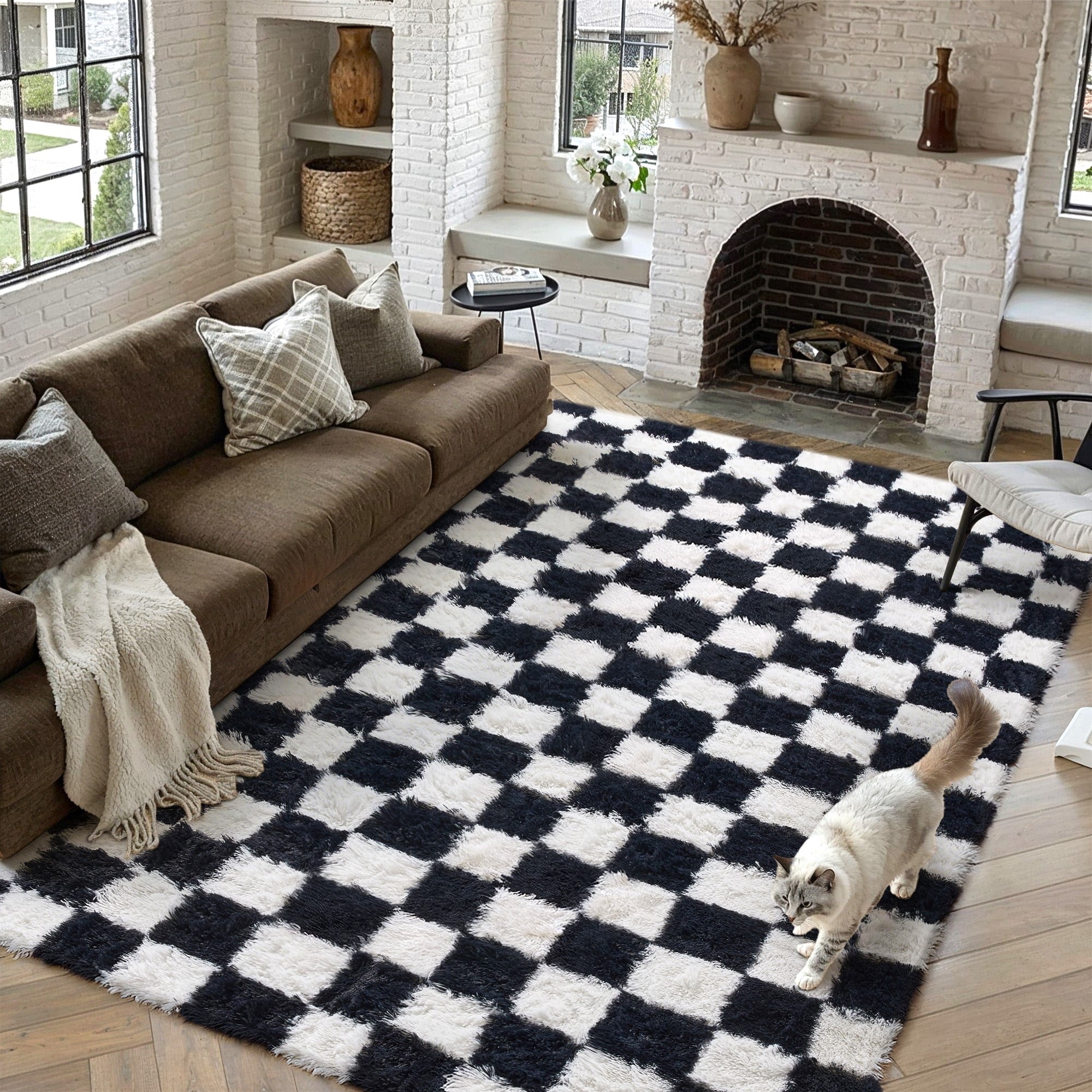 BERTHMEER 8'x10' Shag Ultra-Soft Area Rugs，Fluffy Rugs Carpets for Living Room Bedroom High-Plie Soft Checkered Rugs, Black White
