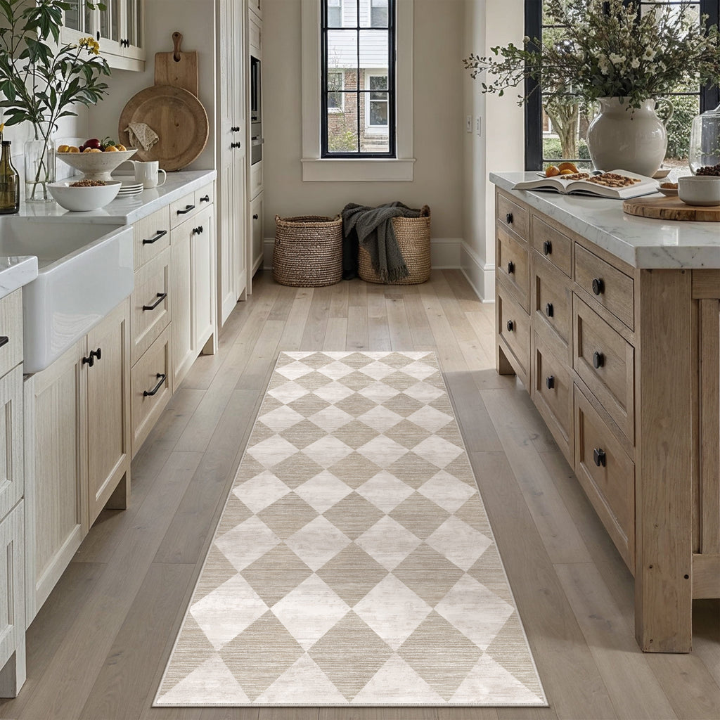 BERTHMEER 2'x6' Rhombus Checkered Runner Rugs for Hallway Entryway Bathroom Bedroom Kitchen Non Slip Washable Geometric Modern Contemporary Runner Rugs,Beige