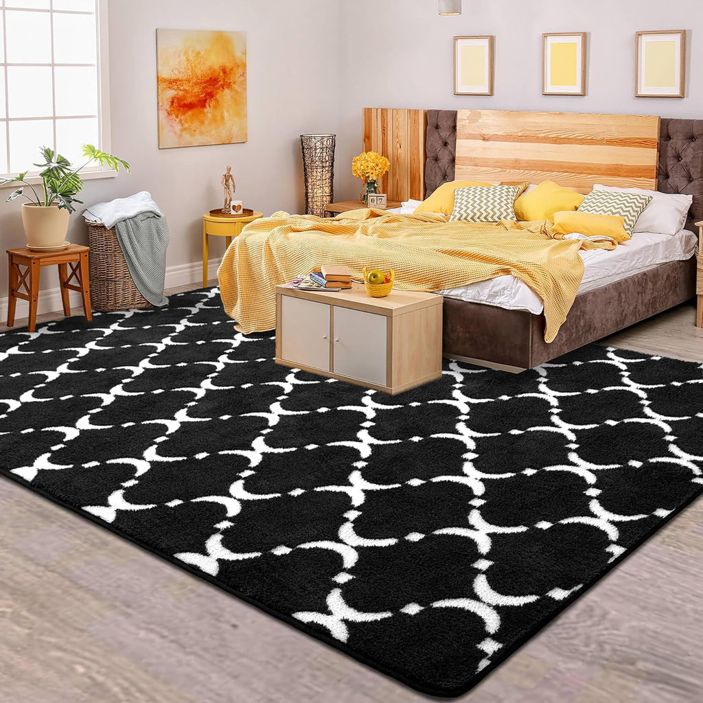 TWINNIS 5'x8' Geometric Area Rug for Living Room Fluffy Carpet ,Non Slip Rug for Girls Teen Bedside Nursery Dorm,Black/White