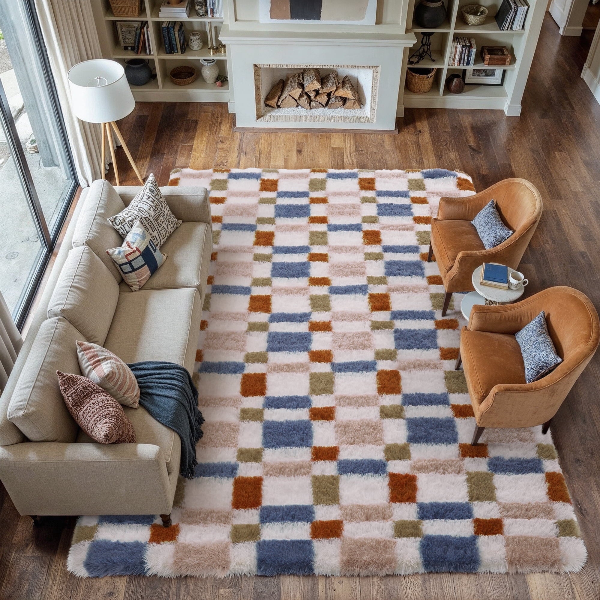 BERTHMEER 8'x10' Checkered Rug for Living Room, Modern Colorful Checkerboard Shag Rug Non-Slip Large Area Rug Soft Indoor Fluffy Rugs for Bedroom Carpet Home Dorm Aesthetic Decor