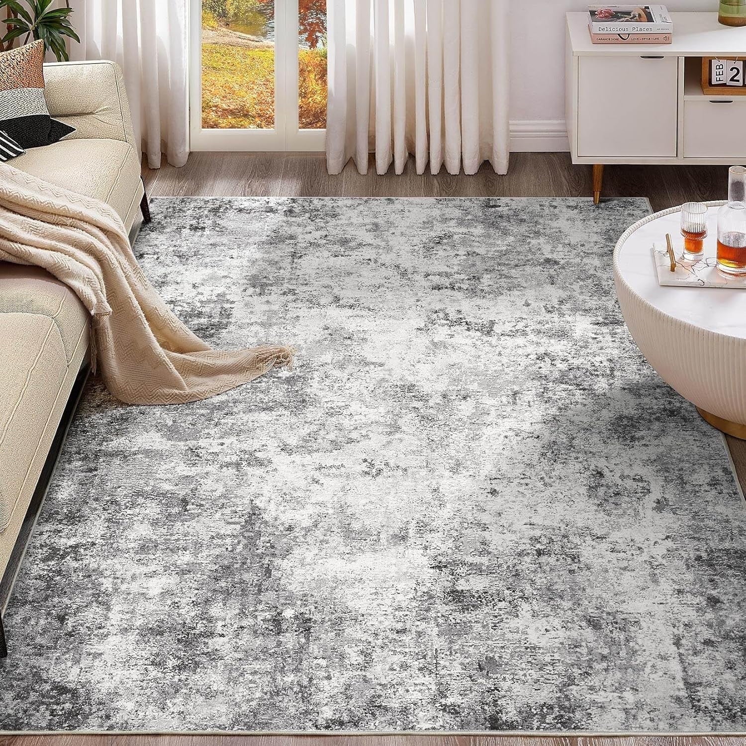 Toyoso 9x12 Area Rug Living Room Rugs - Washable Neutral Modern Abstract Soft Thin Large Rug Indoor Floor No Slip Rug Carpet for Bedroom Under Dining Table Home Office Decor - Brown Grey