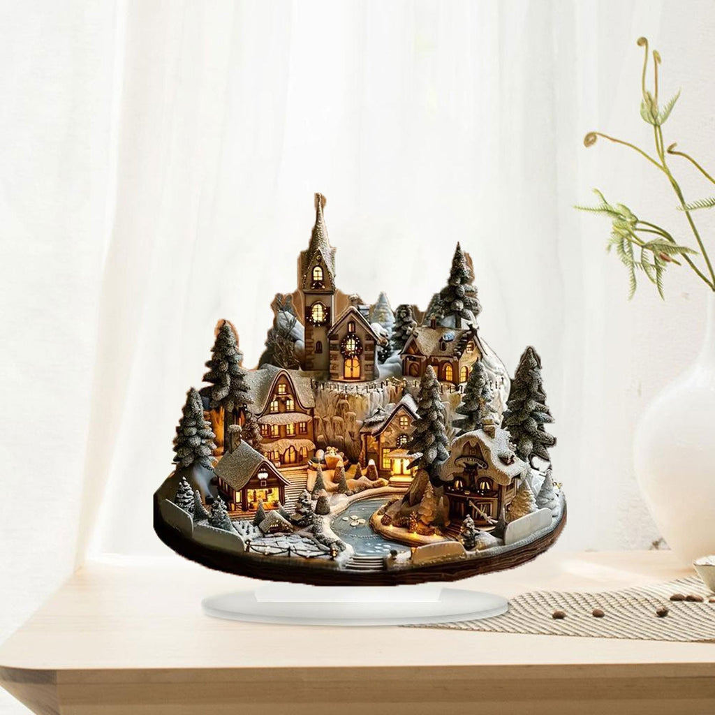 Christmas Village Tabletop Decor Set, Miniature Snowy City Scene Desktop Office Home Decoration for Christmas Holiday Festive Decor