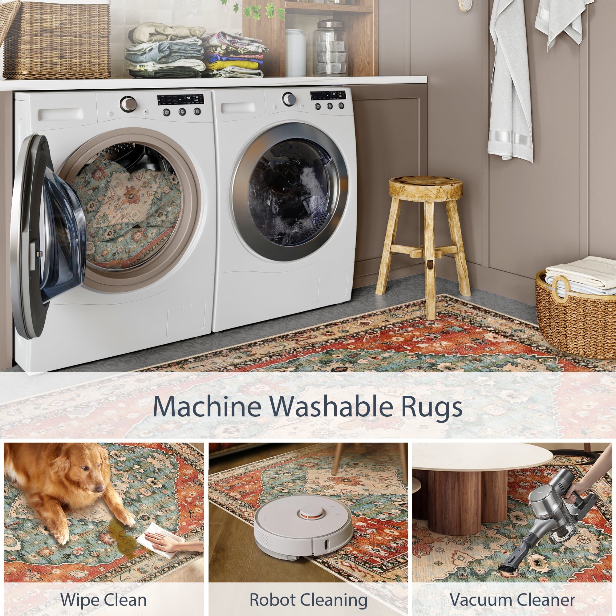 Lahome Decor 8'x10' Bohemian Vintage Rug,8x10ft Large Area Rug,Washable Rugs for Living Room,Traditional Non-slip Indoor Carpet Low Pile Ultra-Thin Boho Tribal Rug for Bedroom Dining Room Office,Red