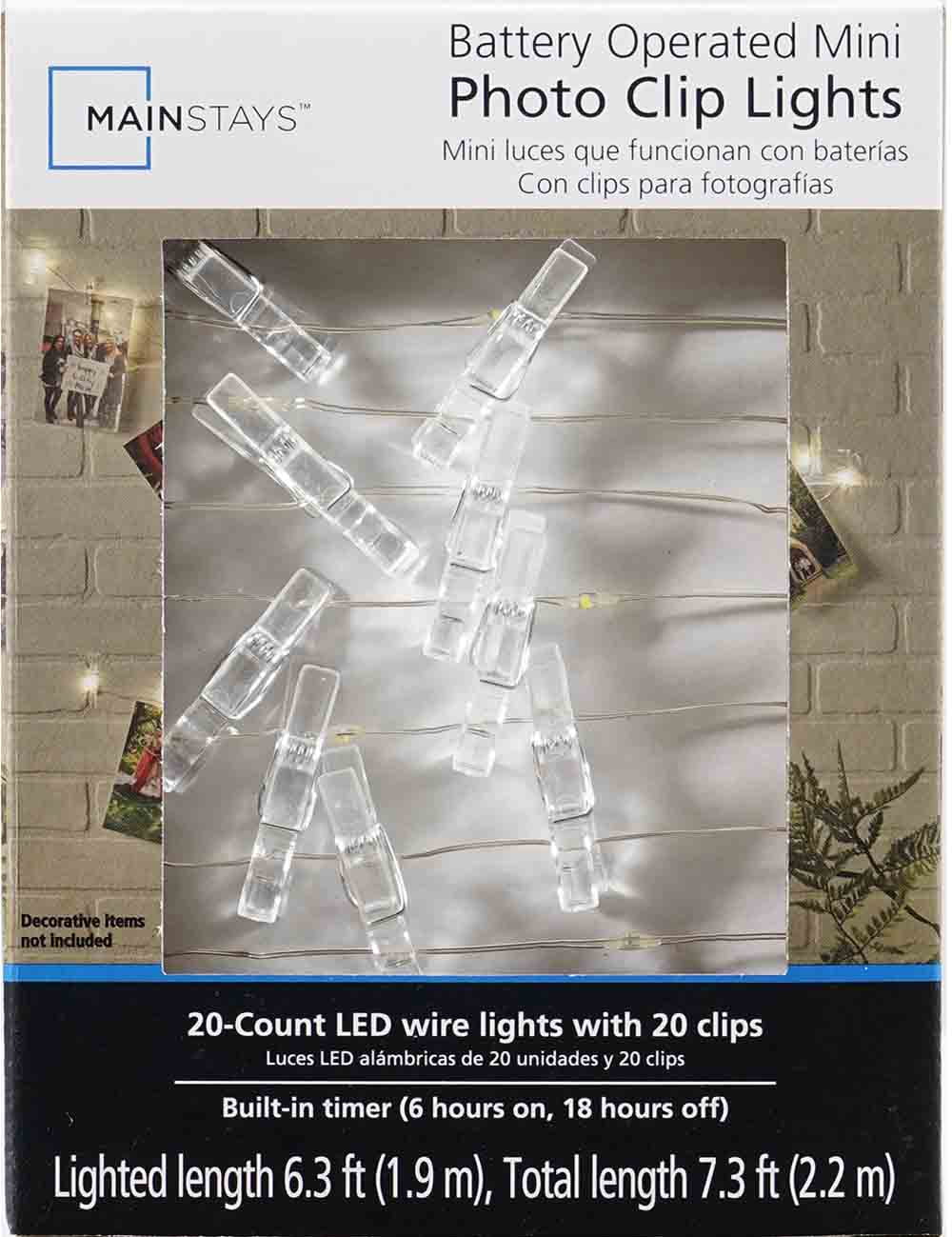 Mainstays Battery-Operated Indoor 20-Count LED Mini Photo Clip Lights, with Built-in Timer