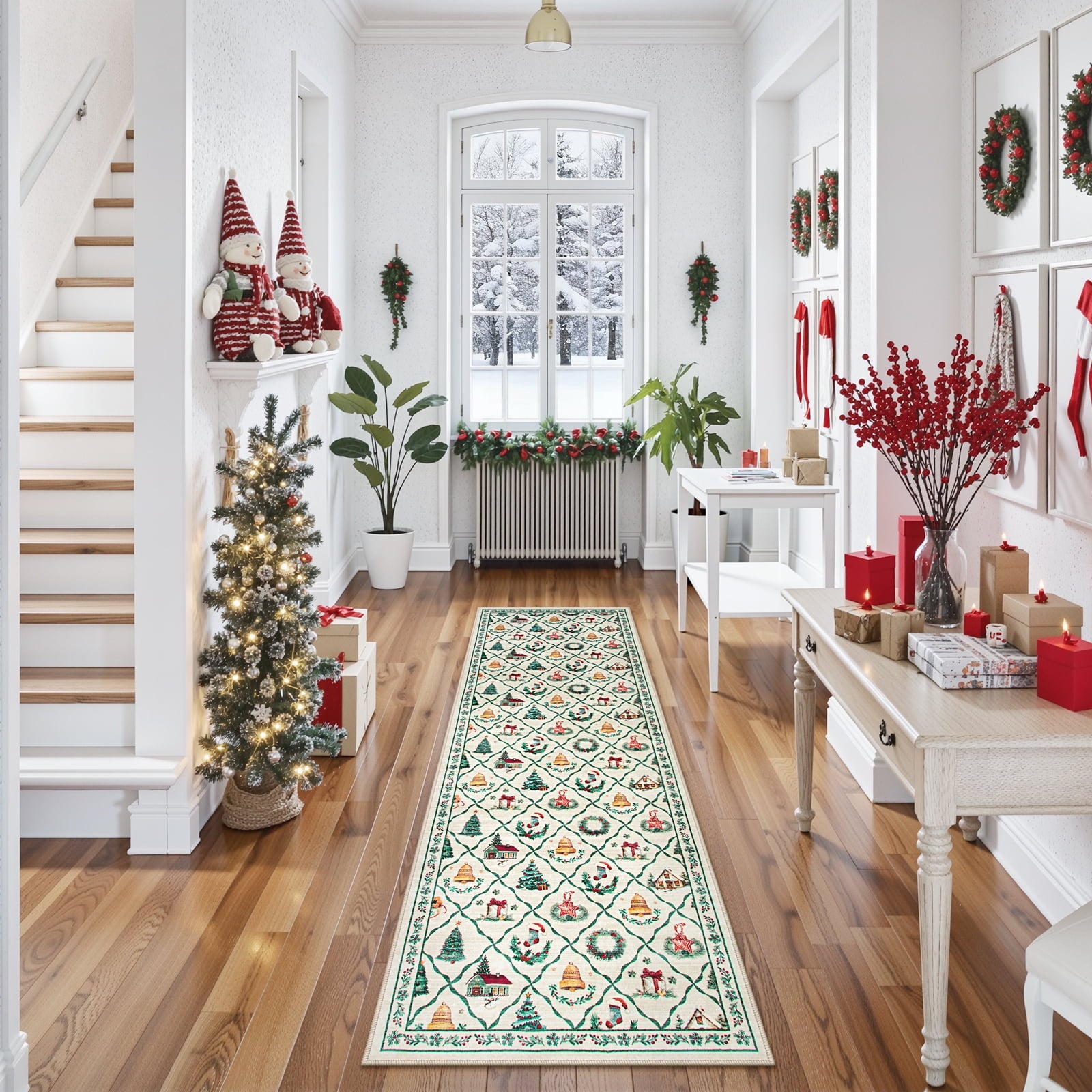 Lahome Decor Christmas Hallway Runner Rug,2'x6' Holiday Decorative Xmas Tree and Snowflake Area Rug,Non-Slip Washable Indoor Door Mat for Living Room,Bedroom,Entryway