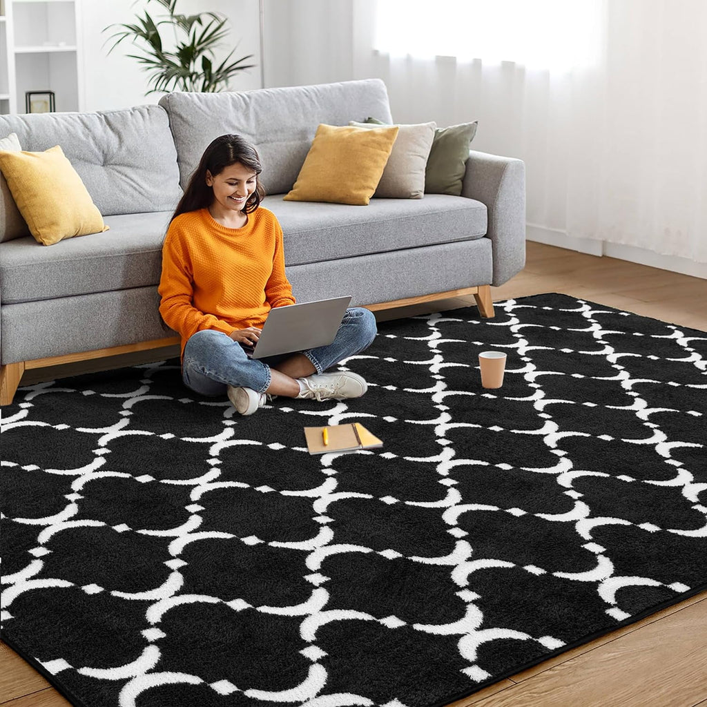 TWINNIS 5'x8' Geometric Area Rug for Living Room Fluffy Carpet ,Non Slip Rug for Girls Teen Bedside Nursery Dorm,Black/White