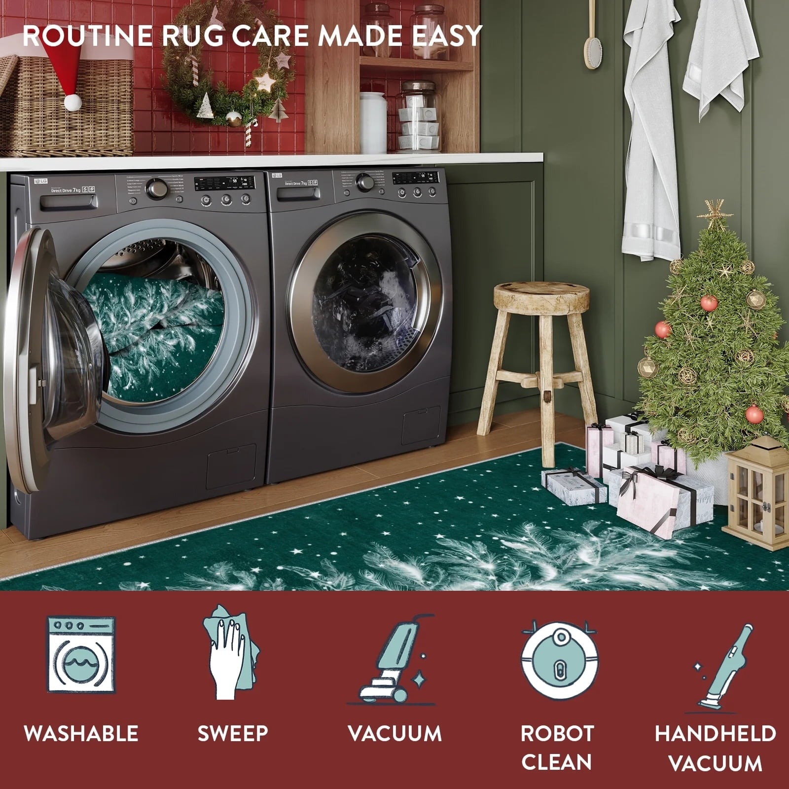 Lahome Christmas Round Rug 4ft Area Rug Red Christmas Tree Rug Washable Rug Indoor Carpet Decorative Circle Rug Round Non Slip Soft Rug Holiday Decor for Kitchen Bedroom Nursery,Green