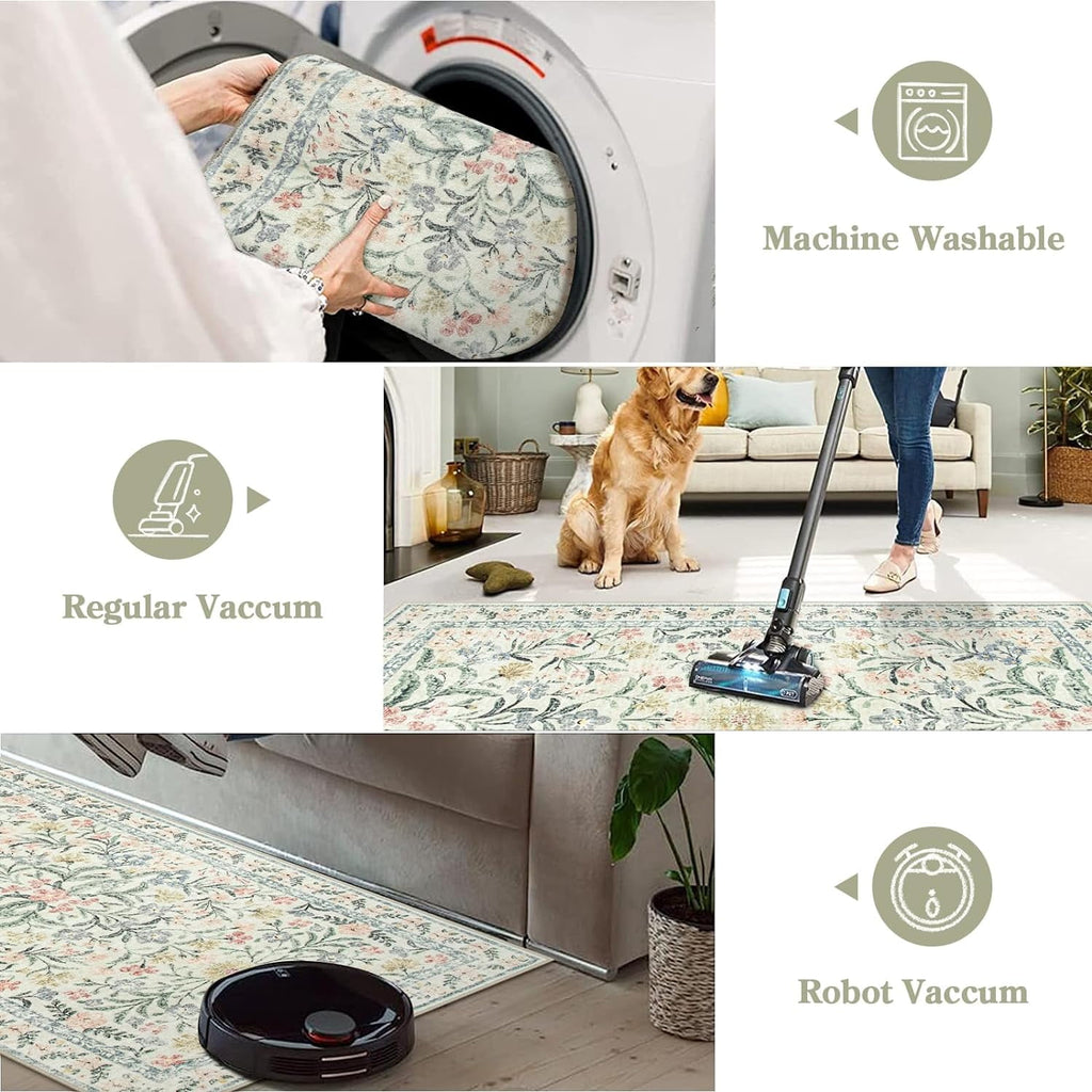 Moynesa 9'x12' Boho Beige Area Rugs Living Room, Washable Floral Large Area Rugs for Bedroom, Soft Non-Slip Thin Rug for Home Decor, Beige