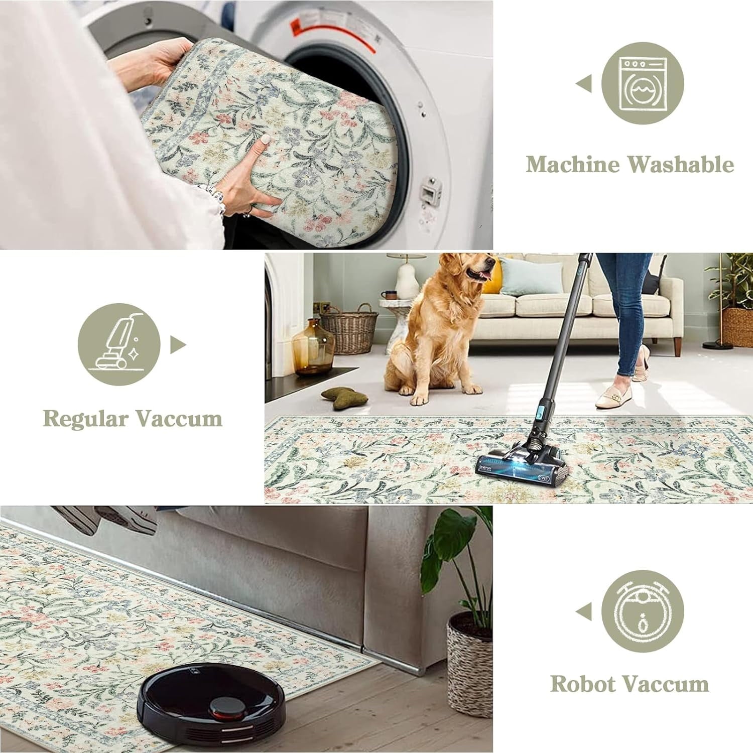 Moynesa 9'x12' Boho Beige Area Rugs Living Room, Washable Floral Large Area Rugs for Bedroom, Soft Non-Slip Thin Rug for Home Decor, Beige