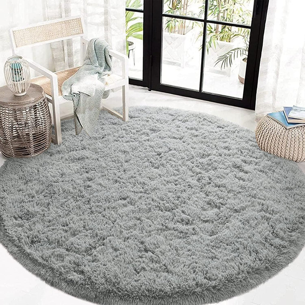 Junovo Round Fluffy Area Rugs For Kids Girls Princess Castle Plush Shaggy Carpet Cute Circle Nursery Rug For Kids Room Bedroom Living Room,4'x4',Gray