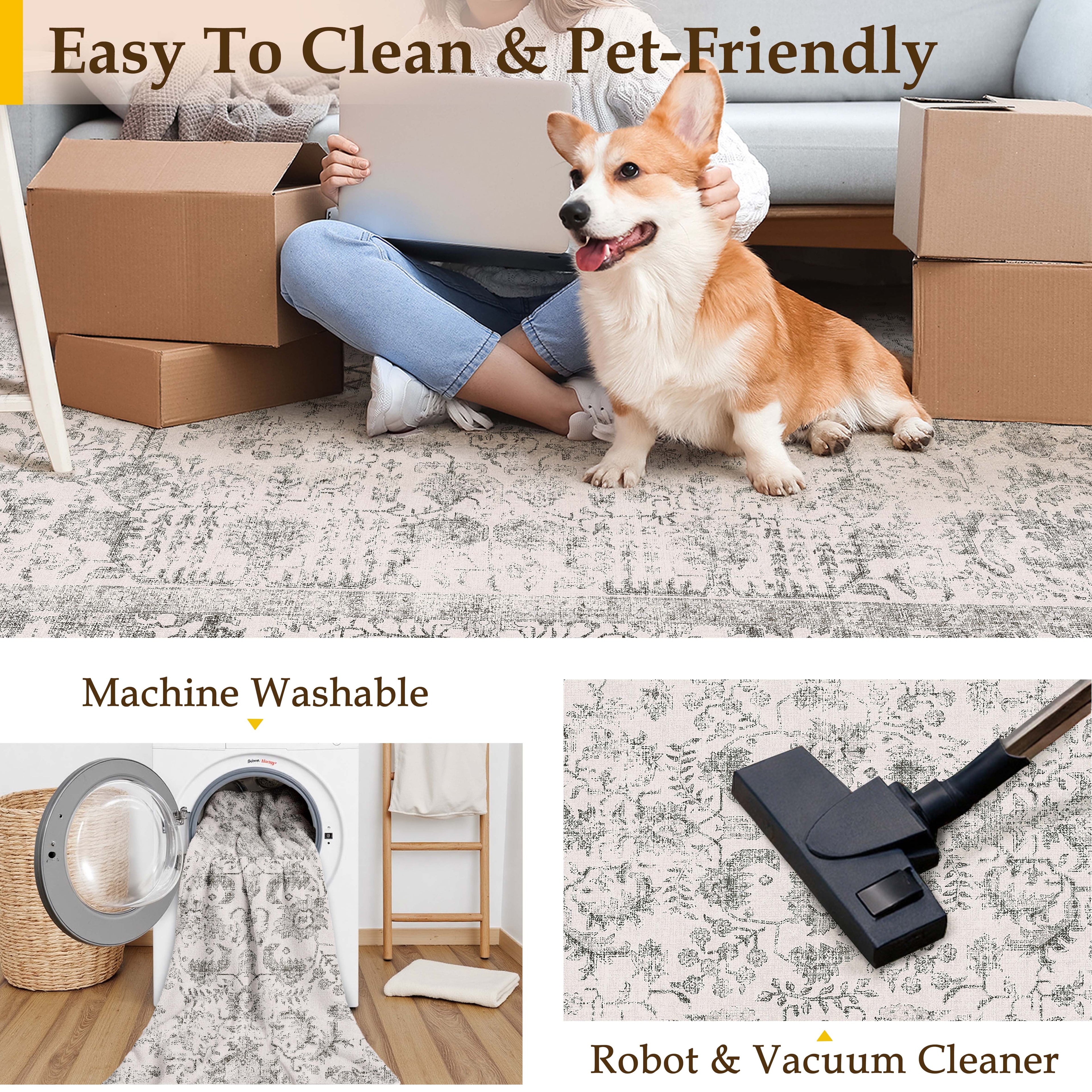 BERTHMEER 8'x10' Washable Large Area Rugs indoor Vintage Oriental Distressed Rugs Carpets for Living Room Bedroom Dining Room Office Throw Rugs Non-slip, Gray