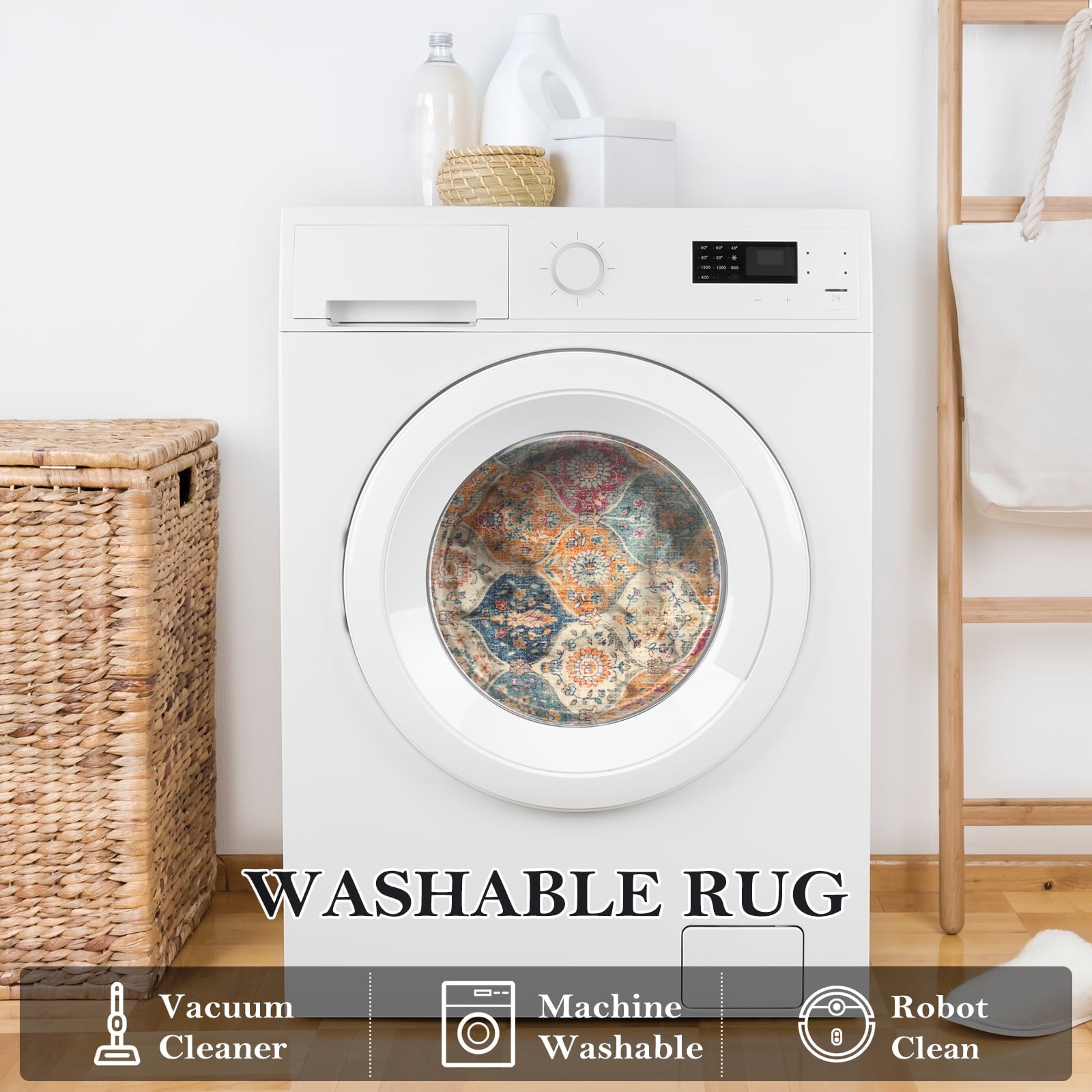 Moynesa 8'x10' Large Area Rug for Living Room Indoor Moroccan Vintage Washable Rug Ultra-Thin Foldable Soft Rug Non-Slip Accent Rugs for Living Bedroom Office Dining Room,Cream