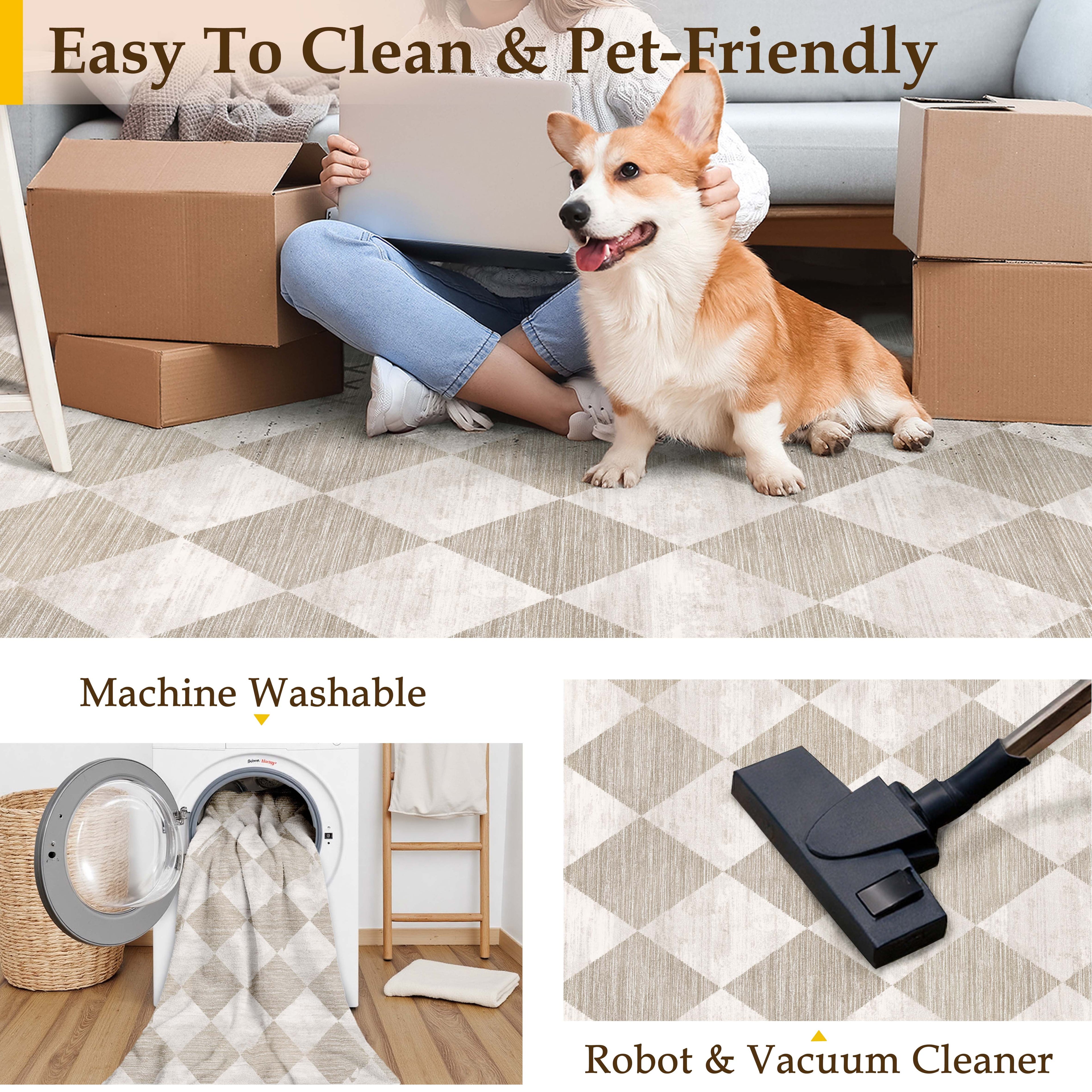 BERTHMEER 2'x6' Rhombus Checkered Runner Rugs for Hallway Entryway Bathroom Bedroom Kitchen Non Slip Washable Geometric Modern Contemporary Runner Rugs,Beige