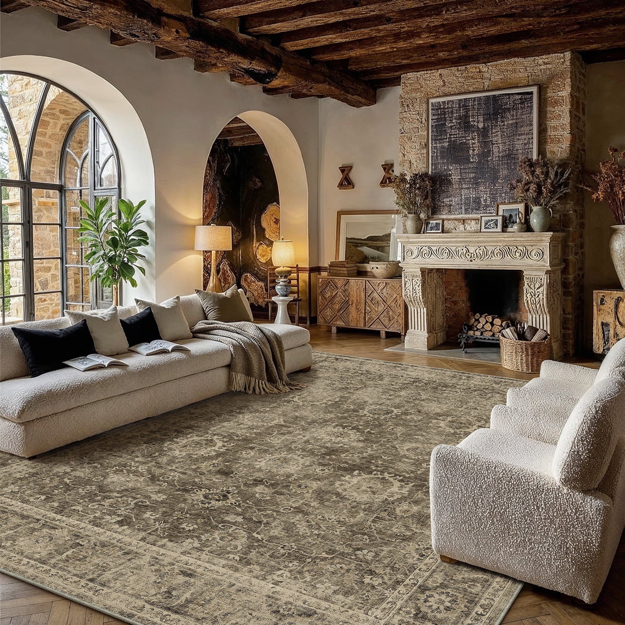 BERTHMEER 8'x10' Area Rugs for Living Room Vintage Brown Carpets for Bedroom Office Machine Washable Large Farmhouse Dining Room Oriental Rugs Non Slip Traditional Distressed Rugs