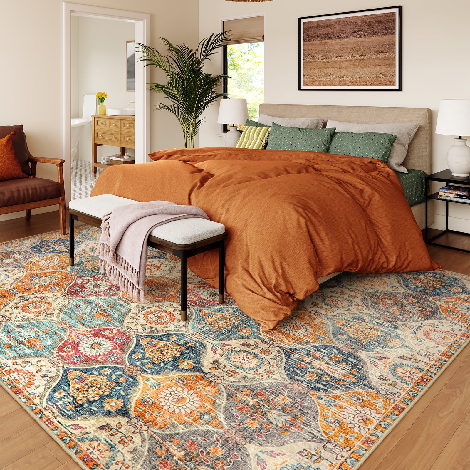 Moynesa 8'x10' Large Area Rug for Living Room Indoor Moroccan Vintage Washable Rug Ultra-Thin Foldable Soft Rug Non-Slip Accent Rugs for Living Bedroom Office Dining Room,Cream