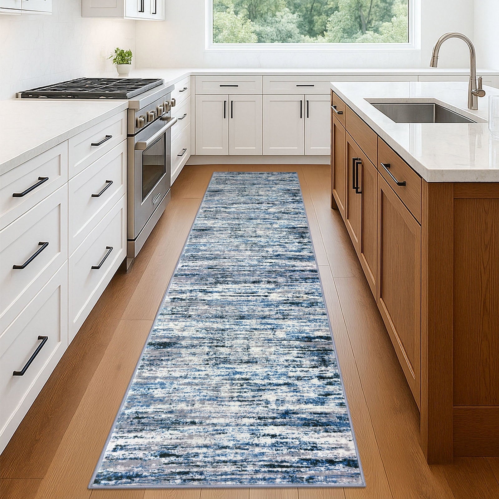 Suelur Runner Rug for Hallways Washable Kitchen Runner Non-Slip Soft 2x8 Runner Rug Thin Print Faux Wool Carpet Runner for Entryway Bedroom Laundry Room Indoor Home, Grey Blue White