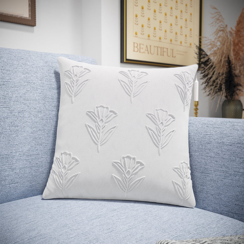 Beautiful Floral Pleated Cotton Decorative Pillow by Drew Barrymore, 20" x 20", White