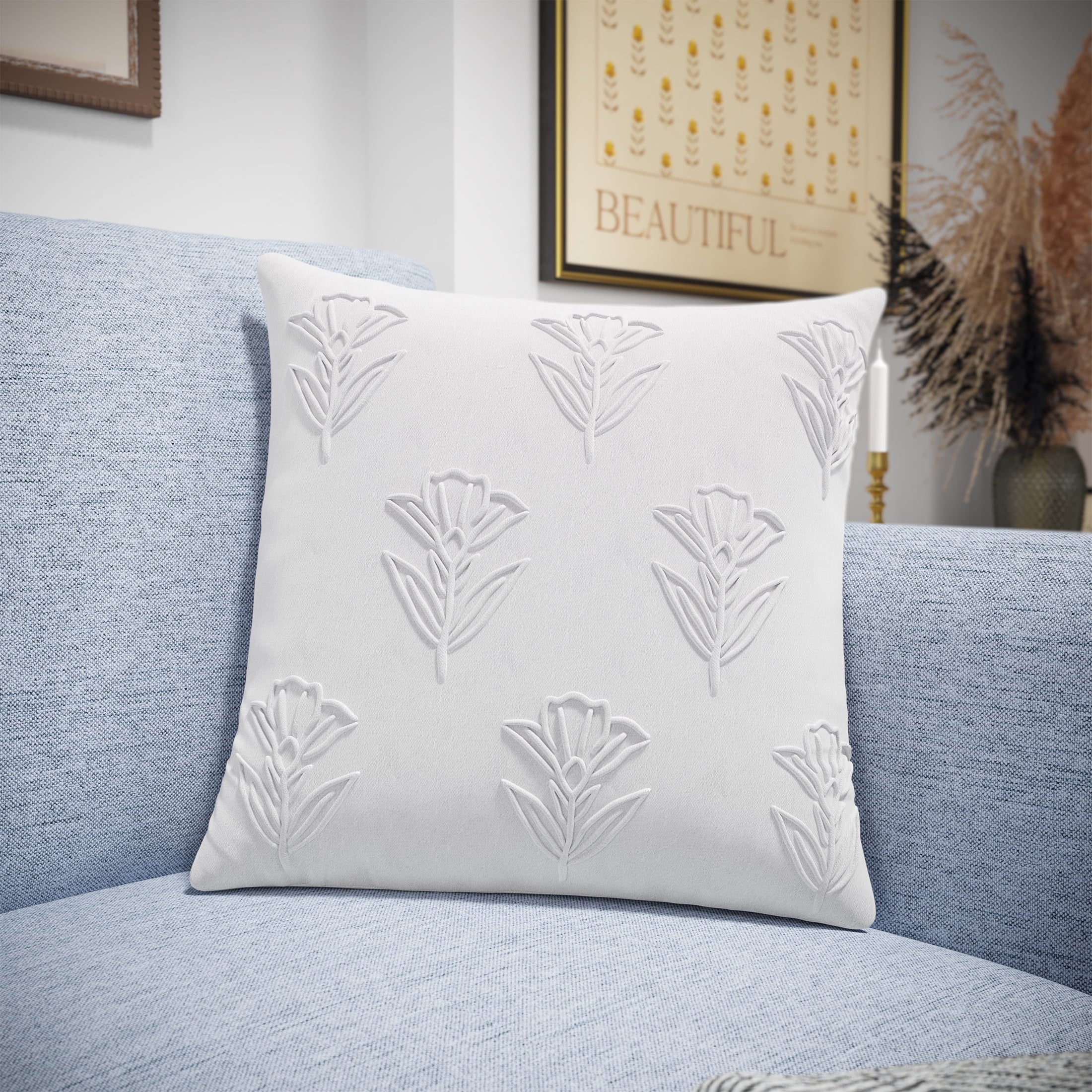 Beautiful Floral Pleated Cotton Decorative Pillow by Drew Barrymore, 20" x 20", White