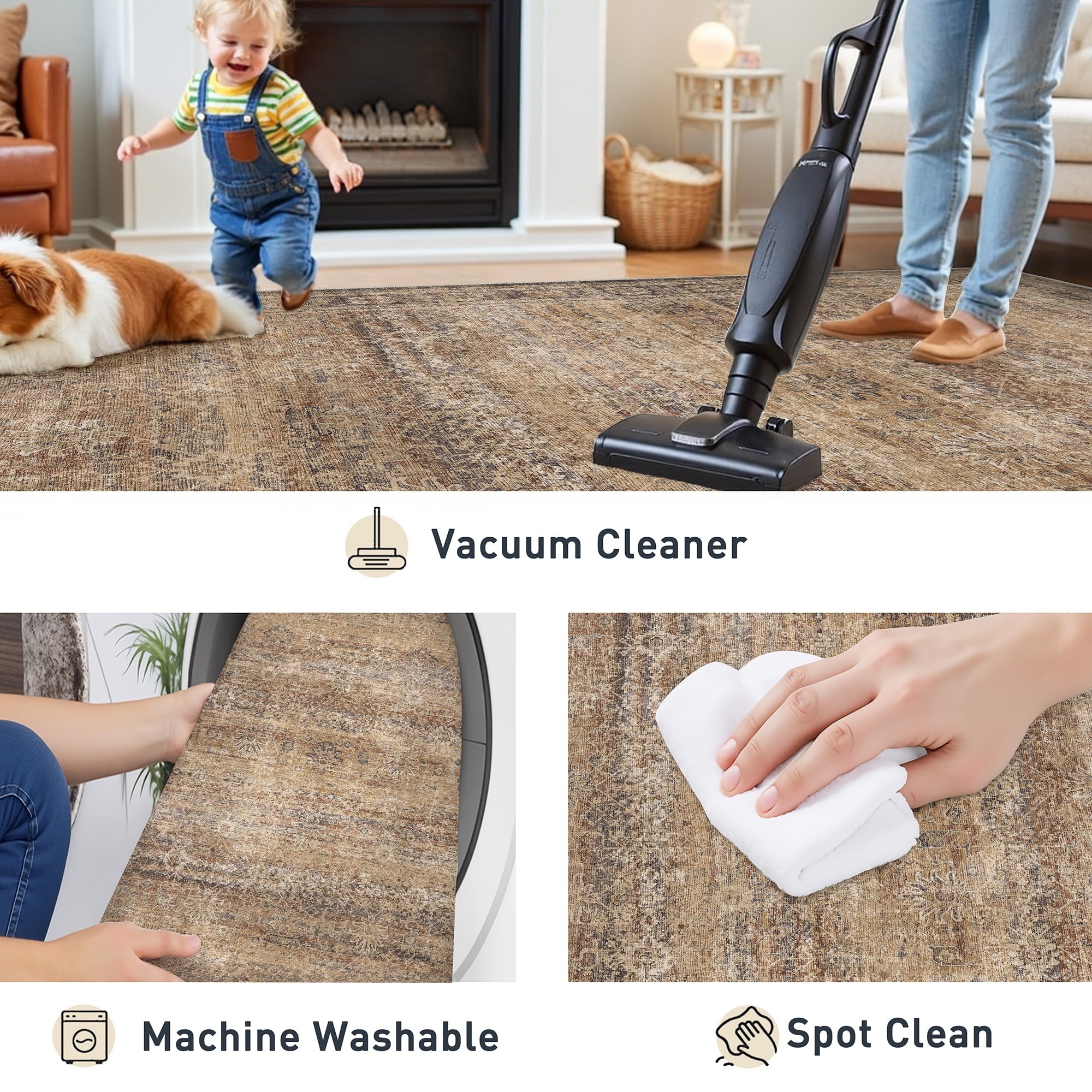 BERTHMEER 8'x10' Area Rugs for Living Room Bedroom Office Dining Room Farmhouse Large Brown Rugs Vintage Oriental Traditional Distressed Non Slip Washable Rugs Carpets