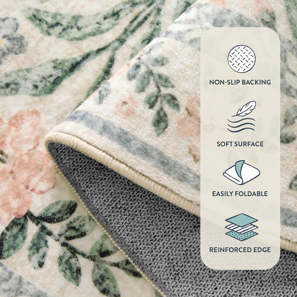 Moynesa 9'x12' Boho Beige Area Rugs Living Room, Washable Floral Large Area Rugs for Bedroom, Soft Non-Slip Thin Rug for Home Decor, Beige