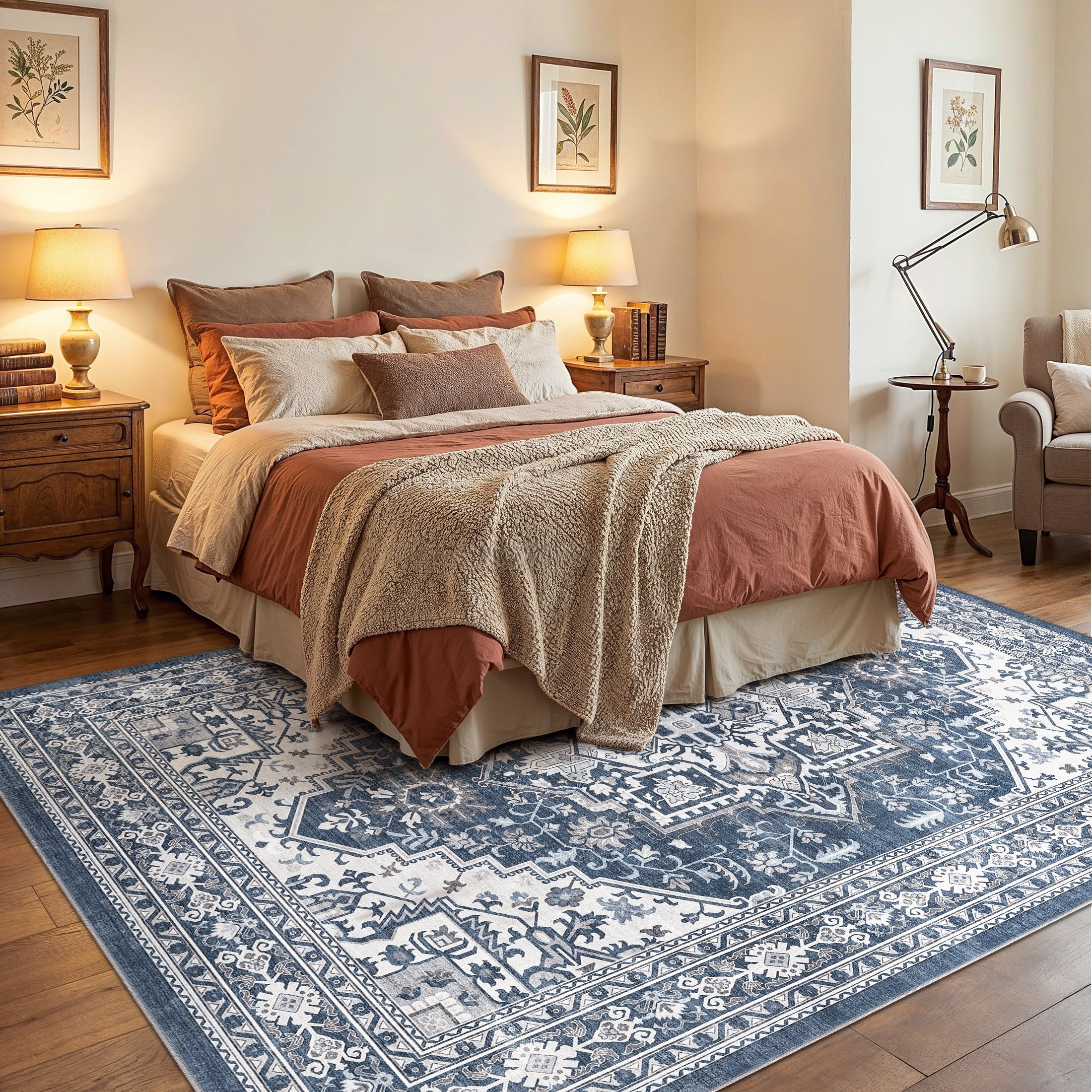 UERMEI 5x7 Washable Area Rugs for Living Room, Modern Vintage Printed Rug, Vacuum-Friendly, Non Slip Indoor Rug for Bedroom Dining Room Home Decor Carpet, Blue