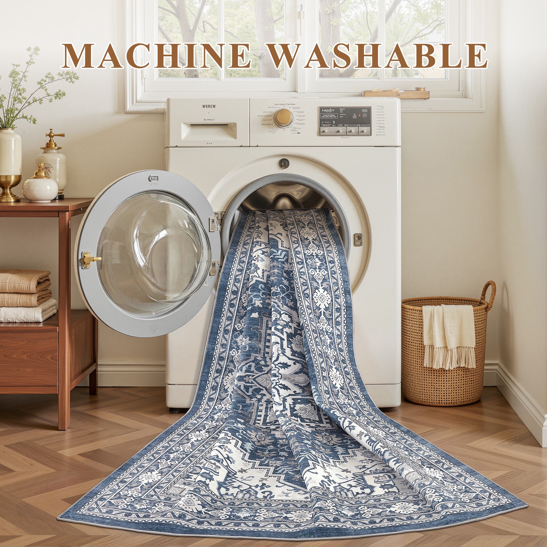 UERMEI 5x7 Washable Area Rugs for Living Room, Modern Vintage Printed Rug, Vacuum-Friendly, Non Slip Indoor Rug for Bedroom Dining Room Home Decor Carpet, Blue