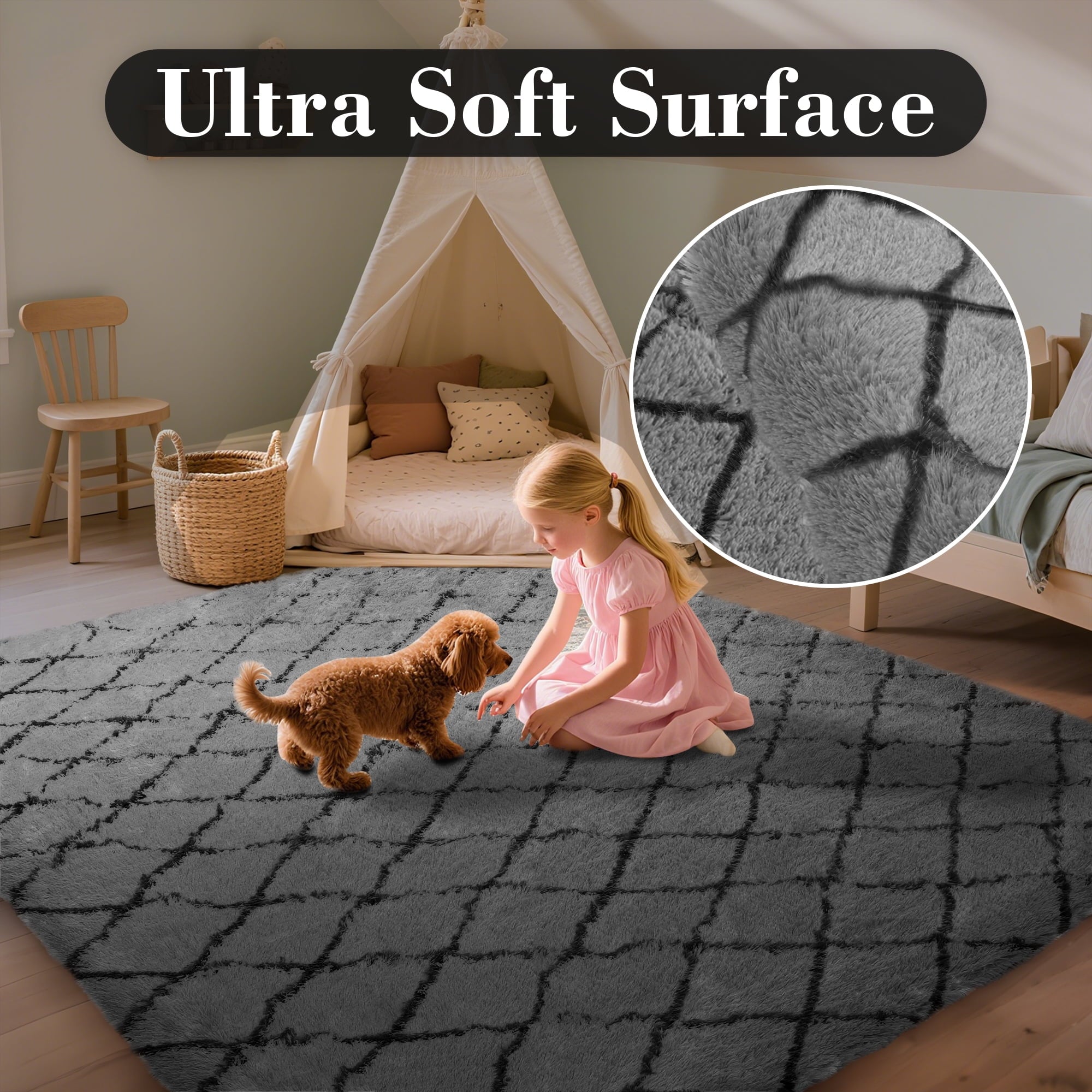 CozyDesg Shag Area Rugs,5'x7' Soft Fluffy Shaggy Carpet for Living Room,Large Rug for Bedroom Dining Room Home Decor Room Decor,Dark Gray & Black