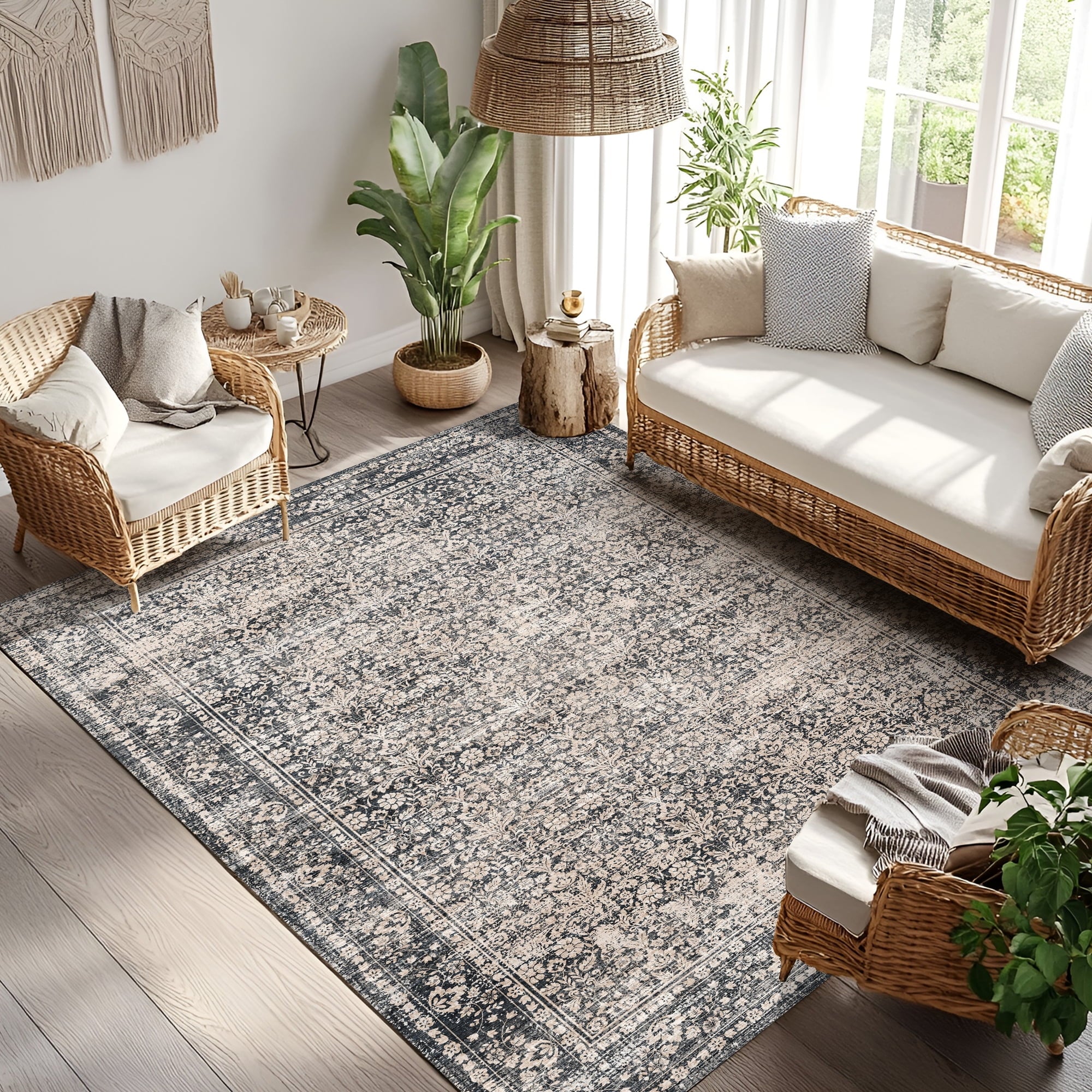 Pentantan 5'x7' Area Rugs, Washable Vintage Boho Rugs for Living Room, Retro Soft Indoor Carpet for Bedroom, Dining Room, Office, Black