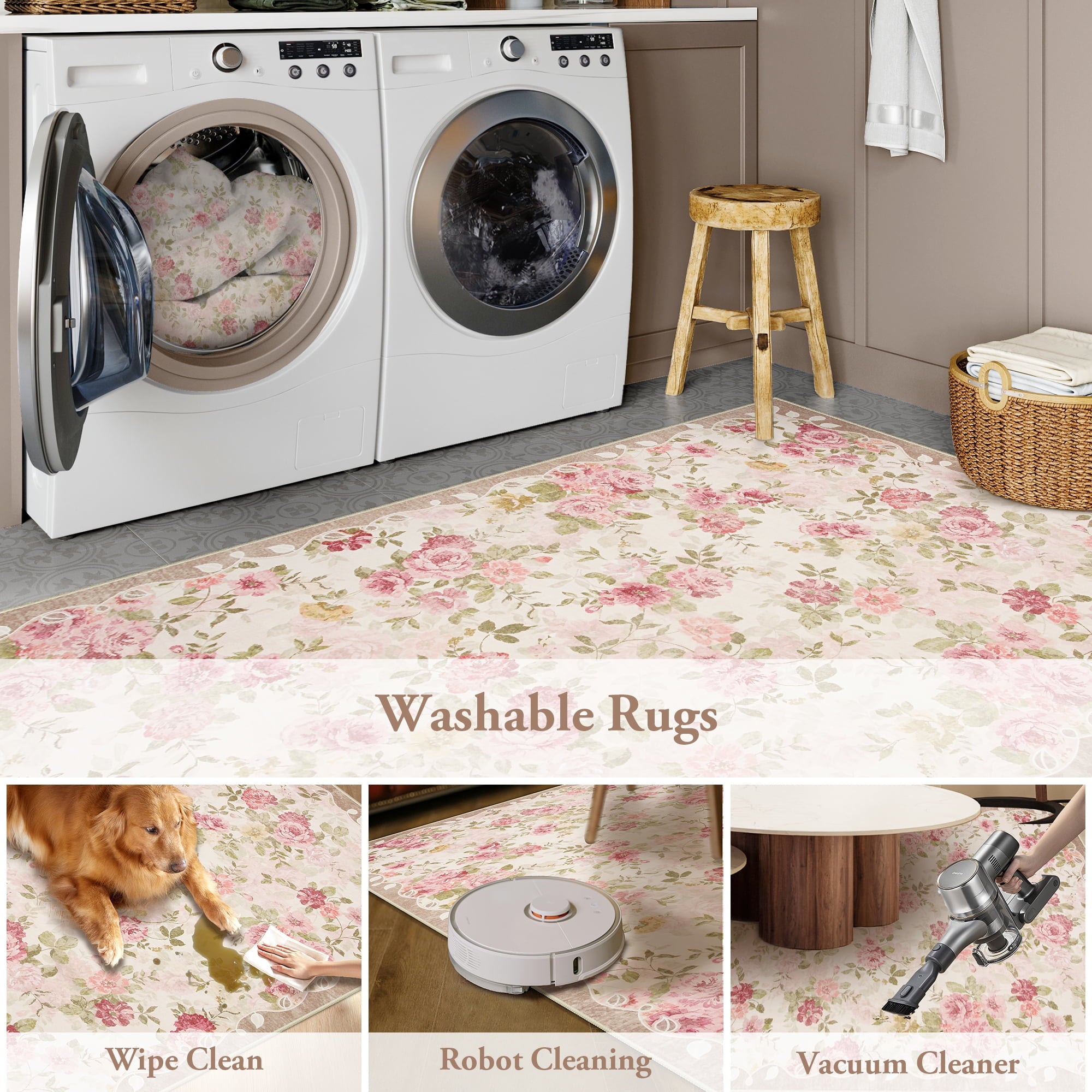 Lahome Decor 8'x10' Vintage Floral Area Rugs,8x10ft Large Rugs for Living Room Boho Area Rug Machine Washable, Low Pile Pink Rugs for Bedroom Girls Carpet for Nursery Rug Playroom Dining Room,Beige