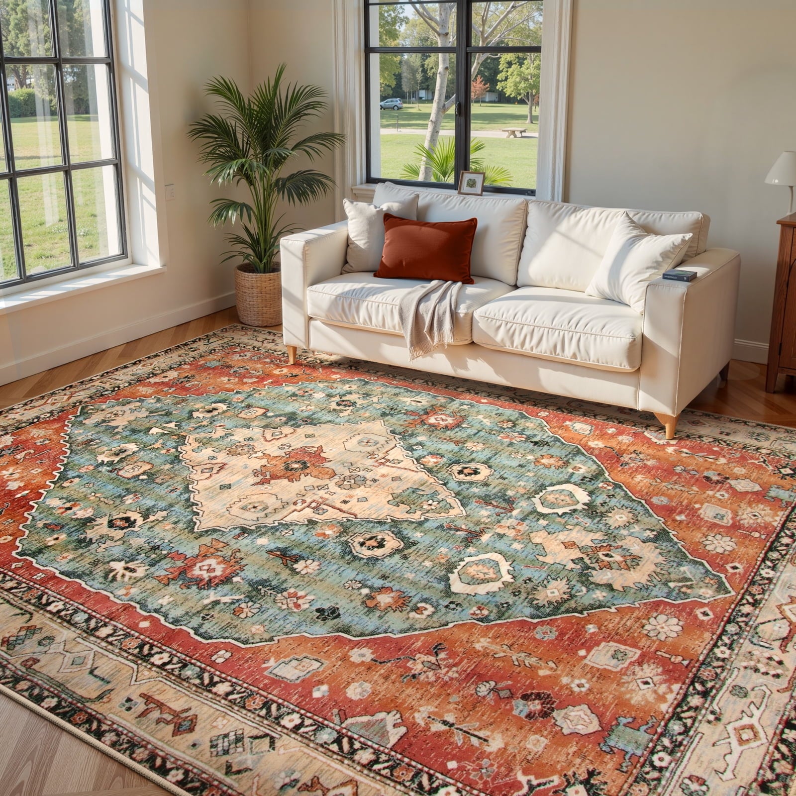 Lahome Decor 8'x10' Bohemian Vintage Rug,8x10ft Large Area Rug,Washable Rugs for Living Room,Traditional Non-slip Indoor Carpet Low Pile Ultra-Thin Boho Tribal Rug for Bedroom Dining Room Office,Red