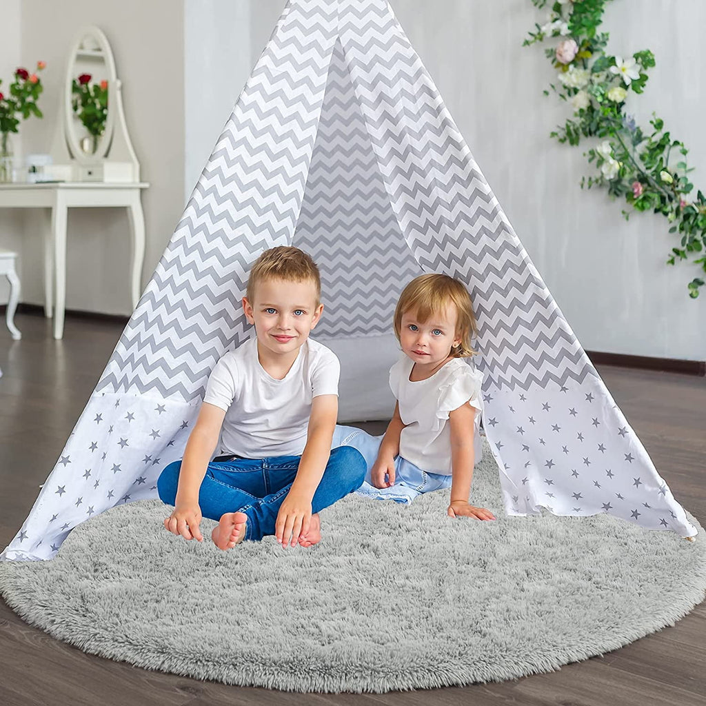 Junovo Round Fluffy Area Rugs For Kids Girls Princess Castle Plush Shaggy Carpet Cute Circle Nursery Rug For Kids Room Bedroom Living Room,4'x4',Gray