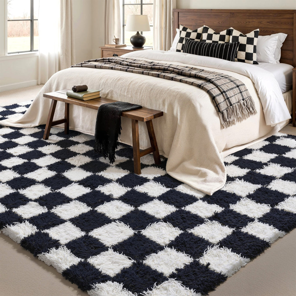 BERTHMEER 8'x10' Shag Ultra-Soft Area Rugs，Fluffy Rugs Carpets for Living Room Bedroom High-Plie Soft Checkered Rugs, Black White