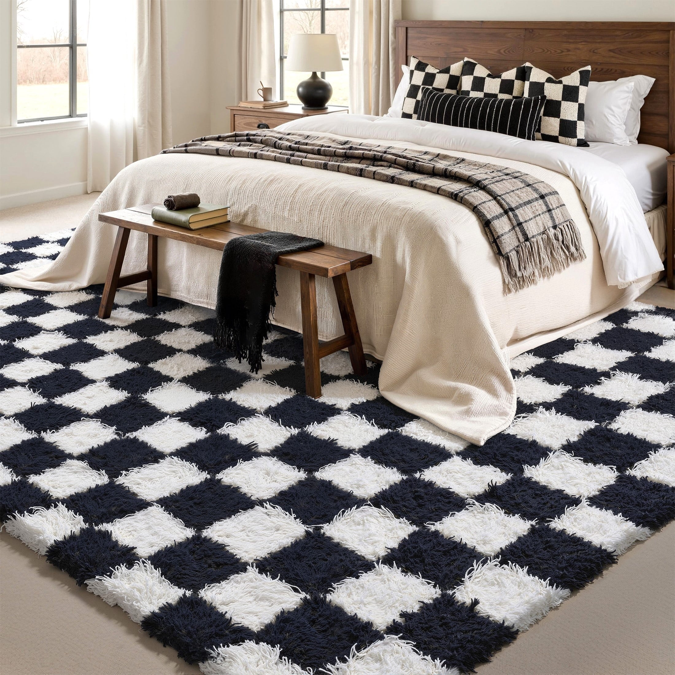 BERTHMEER 8'x10' Shag Ultra-Soft Area Rugs，Fluffy Rugs Carpets for Living Room Bedroom High-Plie Soft Checkered Rugs, Black White