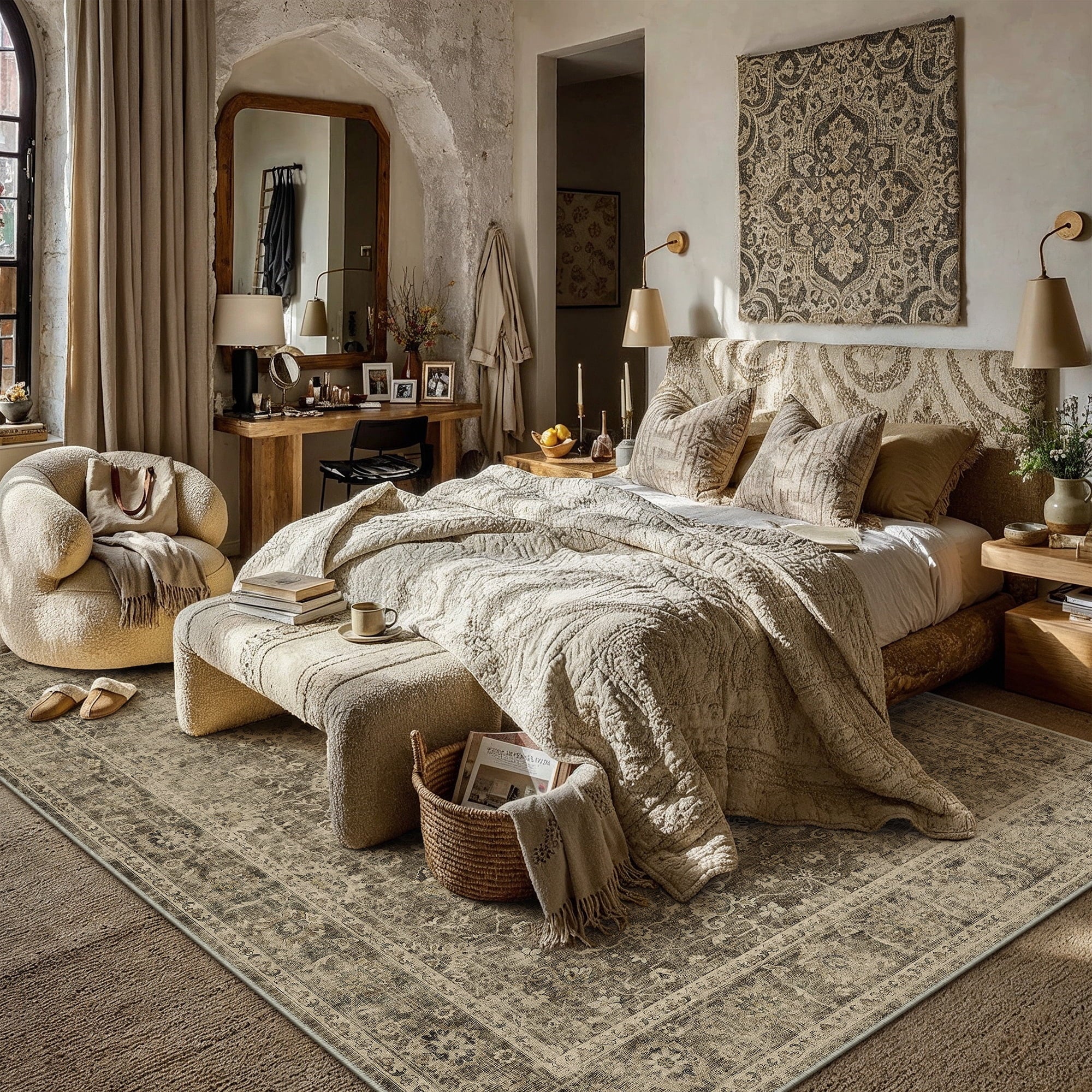 BERTHMEER 8'x10' Area Rugs for Living Room Vintage Brown Carpets for Bedroom Office Machine Washable Large Farmhouse Dining Room Oriental Rugs Non Slip Traditional Distressed Rugs