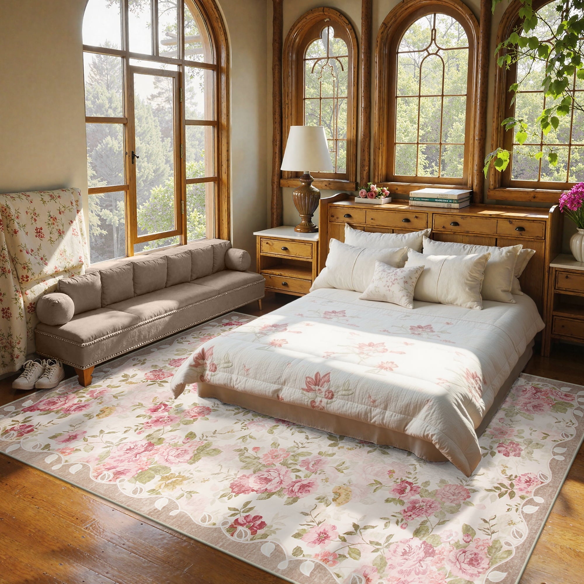 Lahome Decor 8'x10' Vintage Floral Area Rugs,8x10ft Large Rugs for Living Room Boho Area Rug Machine Washable, Low Pile Pink Rugs for Bedroom Girls Carpet for Nursery Rug Playroom Dining Room,Beige