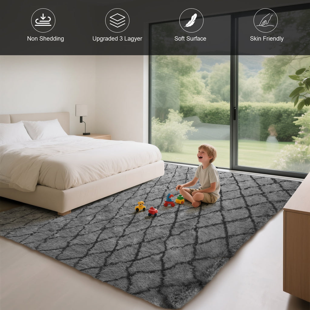 CozyDesg Shag Area Rugs,5'x7' Soft Fluffy Shaggy Carpet for Living Room,Large Rug for Bedroom Dining Room Home Decor Room Decor,Dark Gray & Black