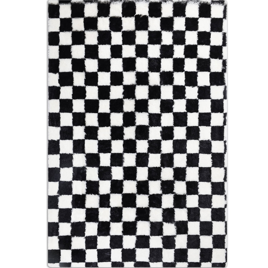 BERTHMEER 8'x10' Shag Ultra-Soft Area Rugs，Fluffy Rugs Carpets for Living Room Bedroom High-Plie Soft Checkered Rugs, Black White