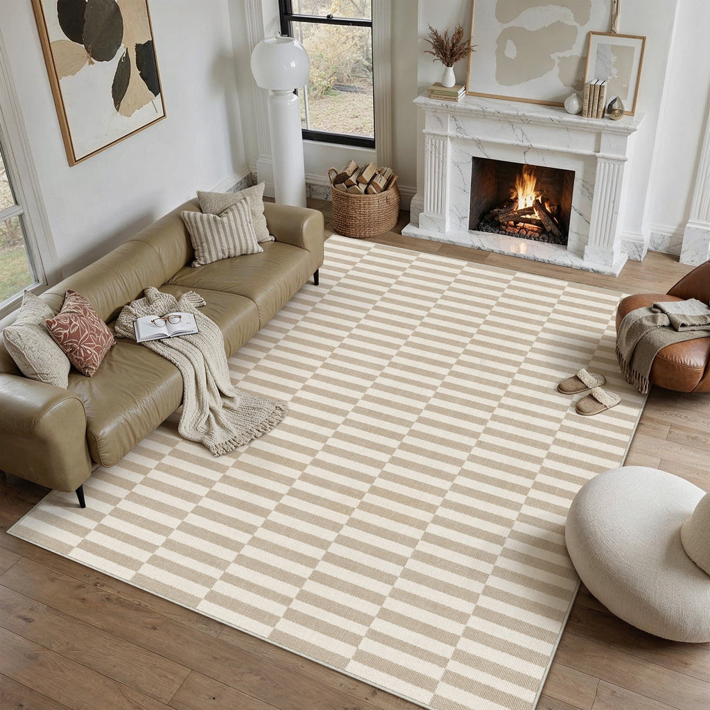 BERTHMEER 5'x7' Area Rugs for Living Room Light Brown Beige Rugs for Bedroom Kitchen Non Slip Washable Modern Contemporary Geometric Carpets Home Office Dorm Dining Room Striped Pattern Throw Rugs