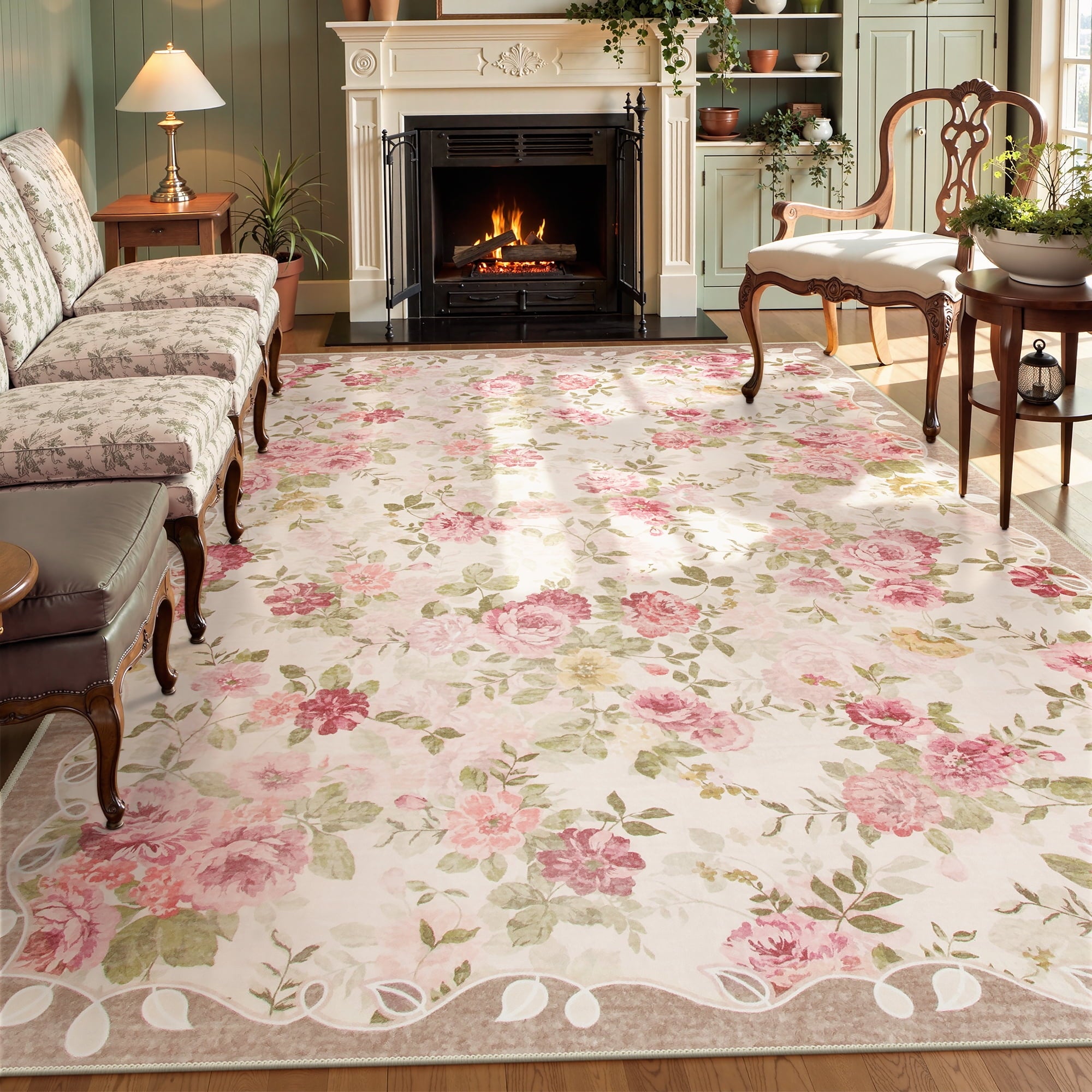 Lahome Decor 8'x10' Vintage Floral Area Rugs,8x10ft Large Rugs for Living Room Boho Area Rug Machine Washable, Low Pile Pink Rugs for Bedroom Girls Carpet for Nursery Rug Playroom Dining Room,Beige