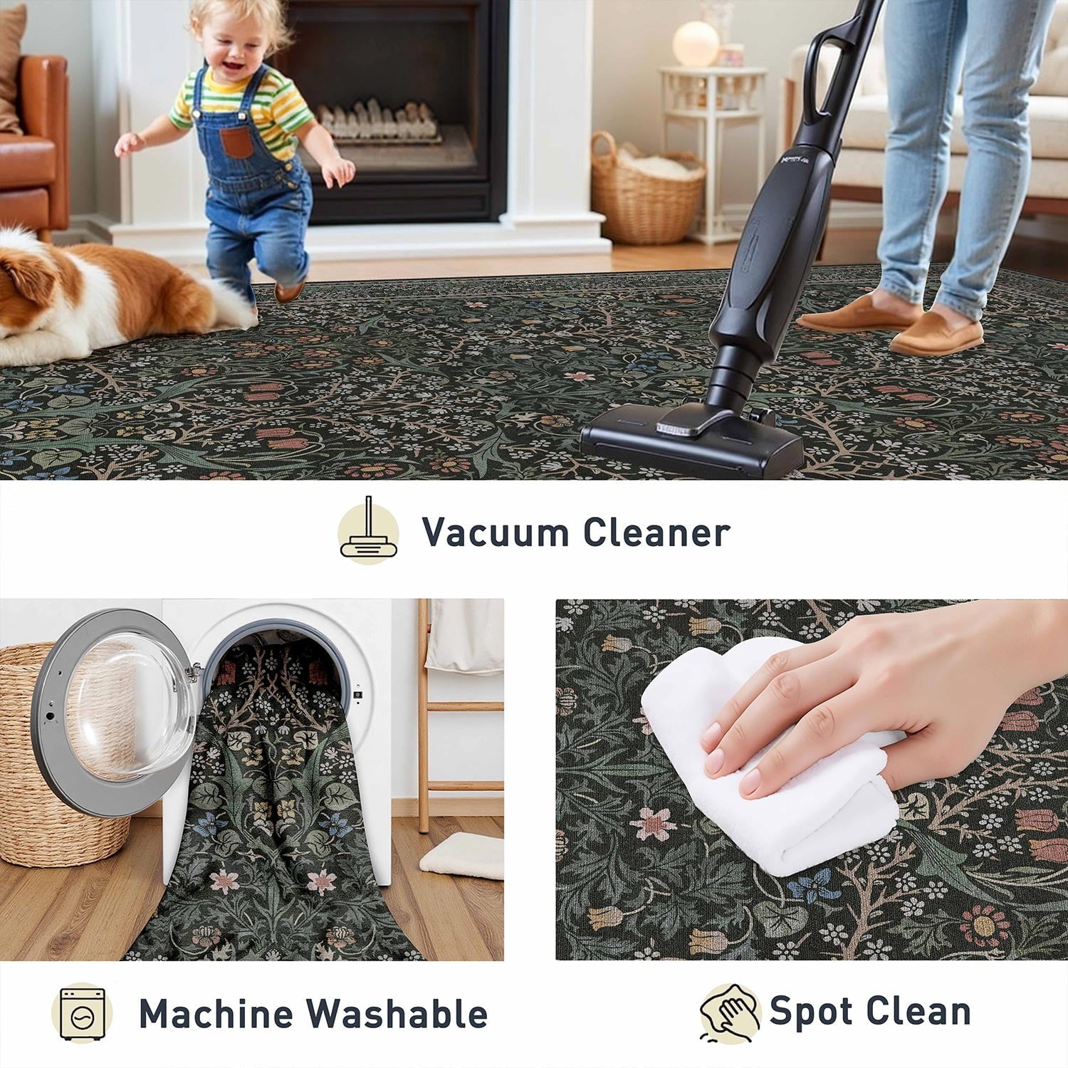 BERTHMEER 8'x10' Area Rugs for Living Room Bedroom Dining Room Kitchen Rugs Non Slip Washable Farmhouse Office Oriental Vintage Distressed Rugs Carpets,Deep Green