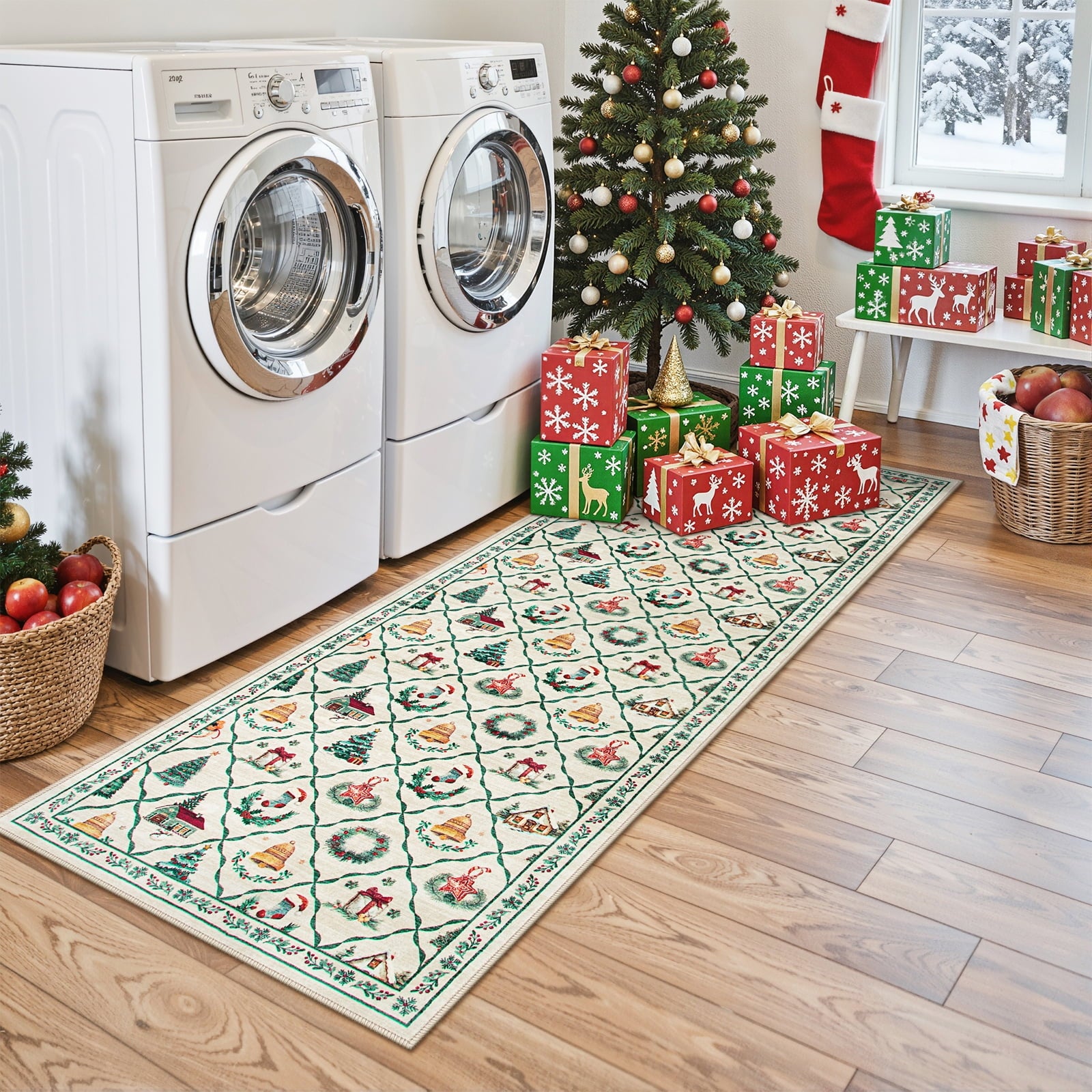 Lahome Decor Christmas Hallway Runner Rug,2'x6' Holiday Decorative Xmas Tree and Snowflake Area Rug,Non-Slip Washable Indoor Door Mat for Living Room,Bedroom,Entryway