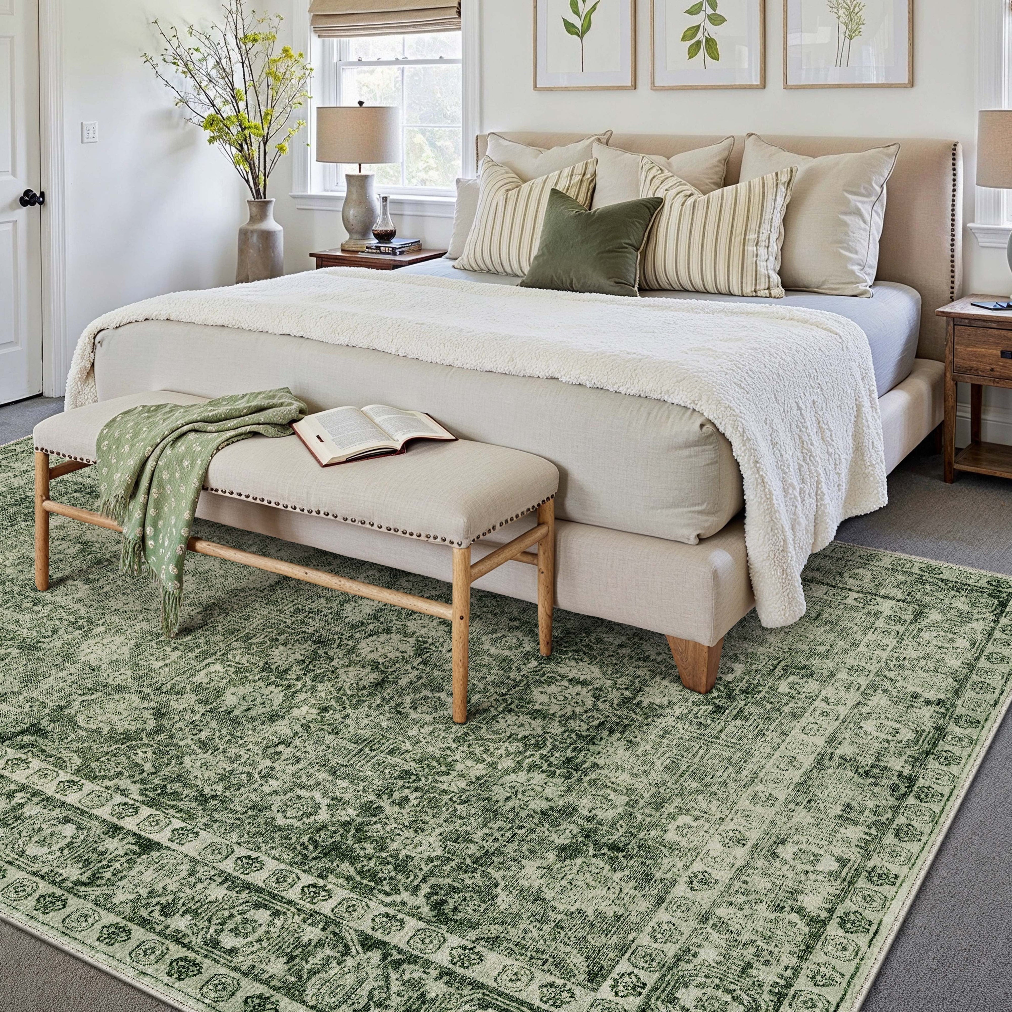 BERTHMEER 9'x12' Area Rugs for Living Room Rugs for Bedroom Green Vintage Non Slip Washable Large Farmhouse Office Dining Room Oriental Traditional Distressed Carpets