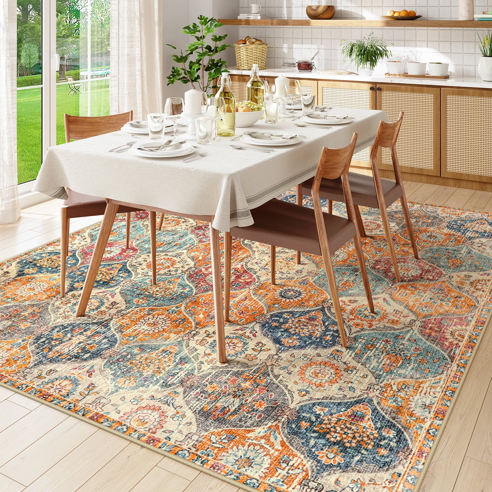 Moynesa 8'x10' Large Area Rug for Living Room Indoor Moroccan Vintage Washable Rug Ultra-Thin Foldable Soft Rug Non-Slip Accent Rugs for Living Bedroom Office Dining Room,Cream