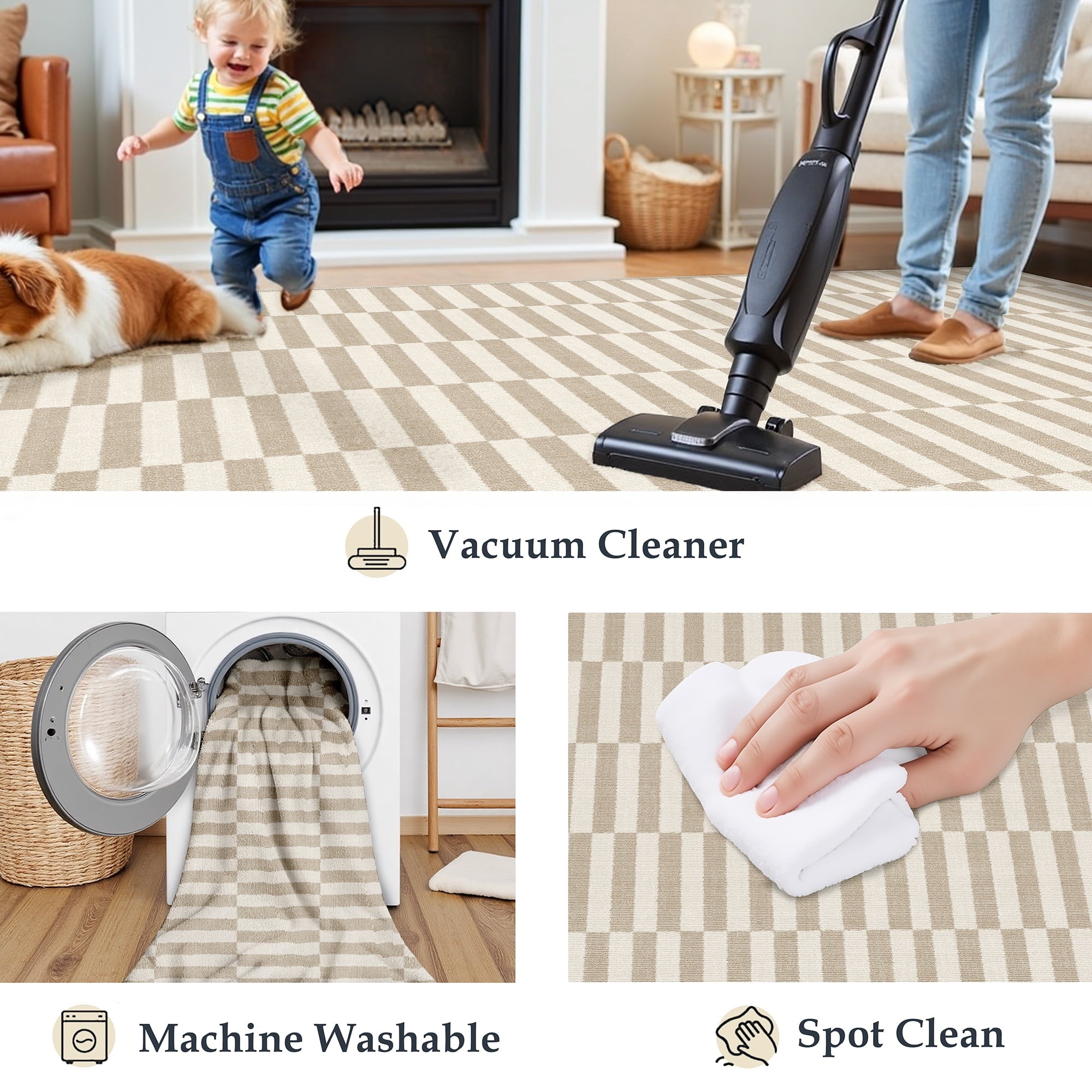 BERTHMEER 5'x7' Area Rugs for Living Room Light Brown Beige Rugs for Bedroom Kitchen Non Slip Washable Modern Contemporary Geometric Carpets Home Office Dorm Dining Room Striped Pattern Throw Rugs