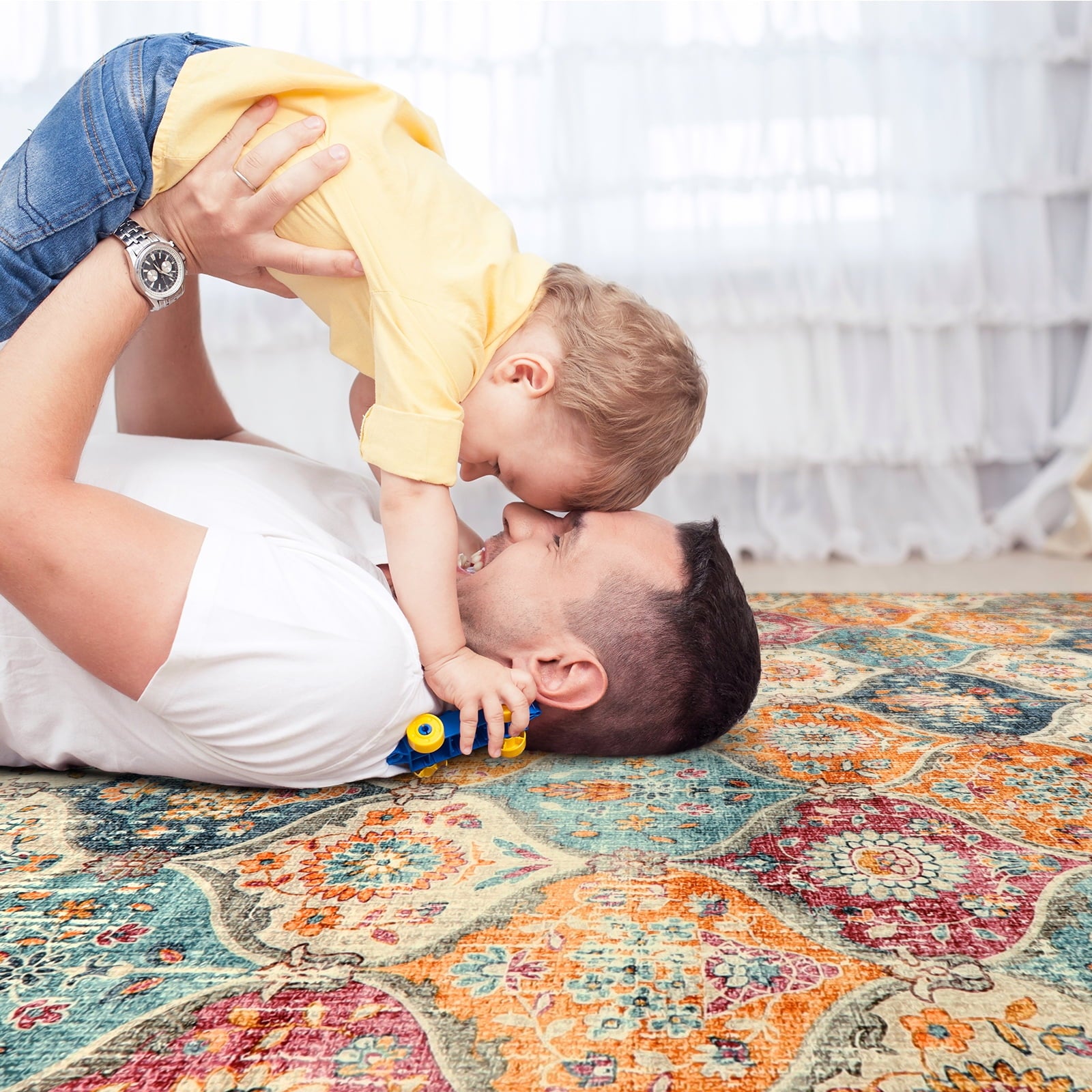 Moynesa 8'x10' Large Area Rug for Living Room Indoor Moroccan Vintage Washable Rug Ultra-Thin Foldable Soft Rug Non-Slip Accent Rugs for Living Bedroom Office Dining Room,Cream