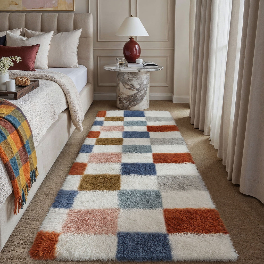 BERTHMEER 8'x10' Shag Ultra-Soft Area Rugs，Fluffy Rugs Carpets for Living Room Bedroom High-Plie Soft Checkered Rugs, Black White
