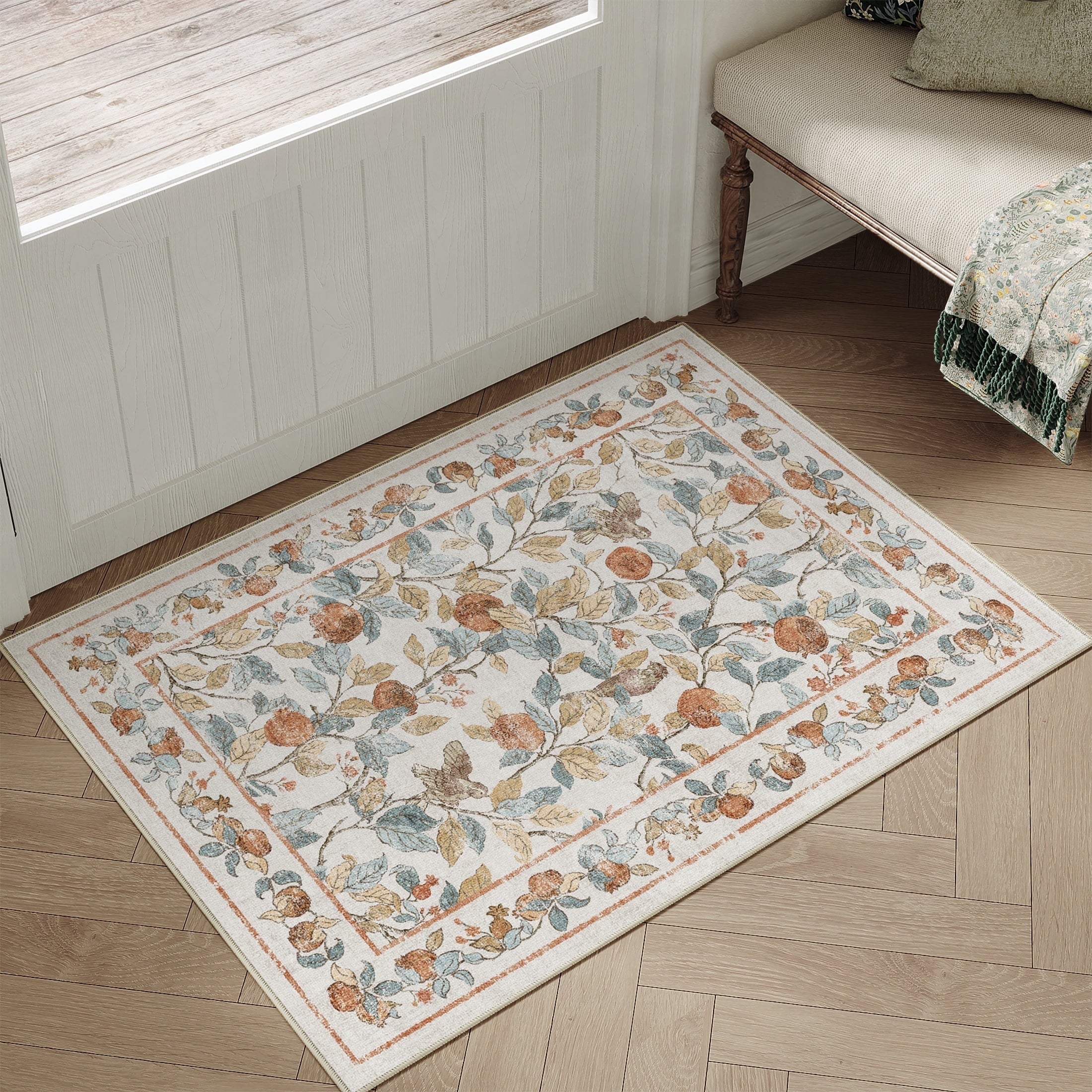 BERTHMEER Large 8'x10' Area Rugs for Living Room Rugs for Bedroom Kitchen Office Rugs Vintage Green Floral Carpets Machine Washable Farmhouse Dining Room Oriental Flower Non Slip Rugs, Multicolor