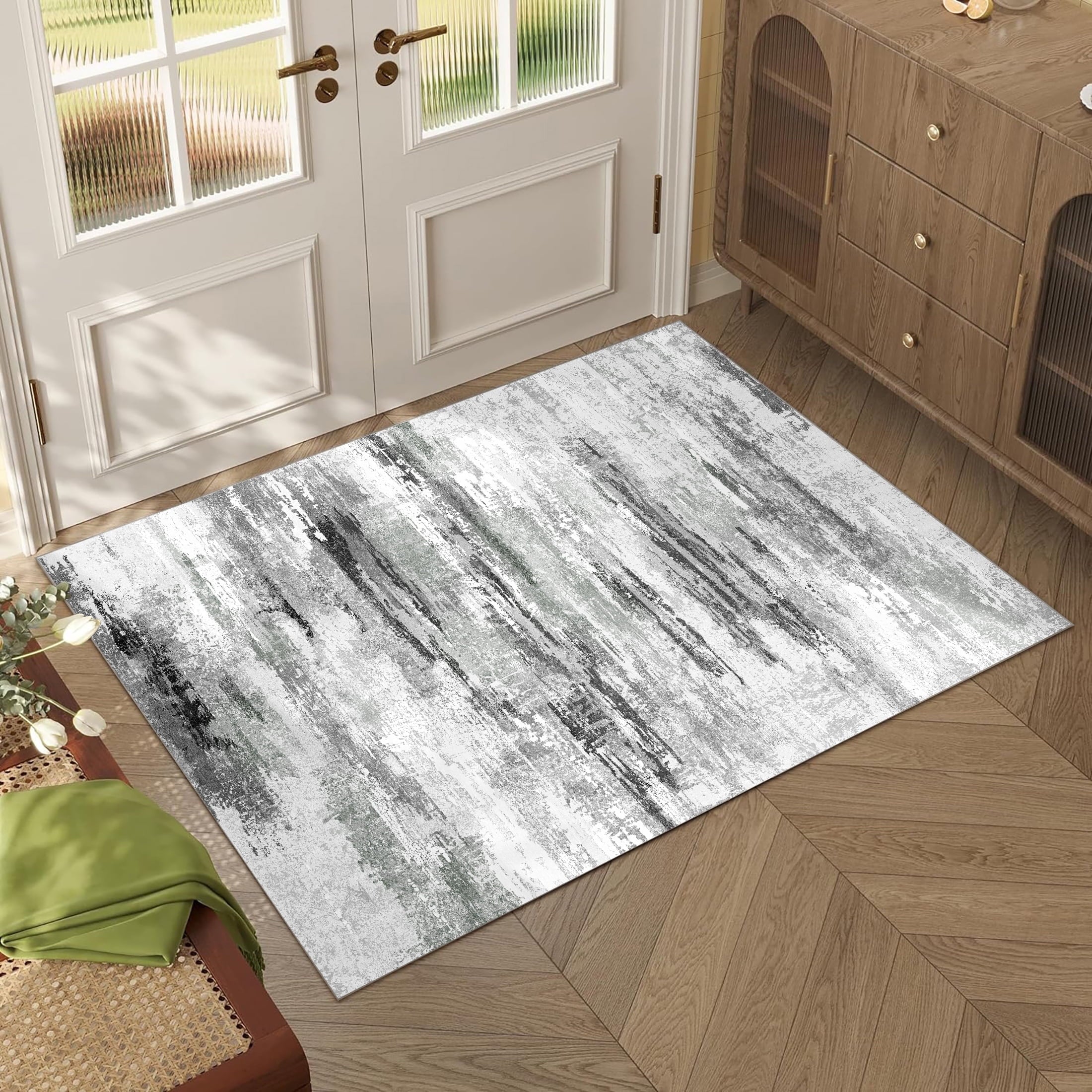 BERTHMEER 5'x7' Area Rugs for Living Room Light Brown Beige Rugs for Bedroom Kitchen Non Slip Washable Modern Contemporary Geometric Carpets Home Office Dorm Dining Room Striped Pattern Throw Rugs