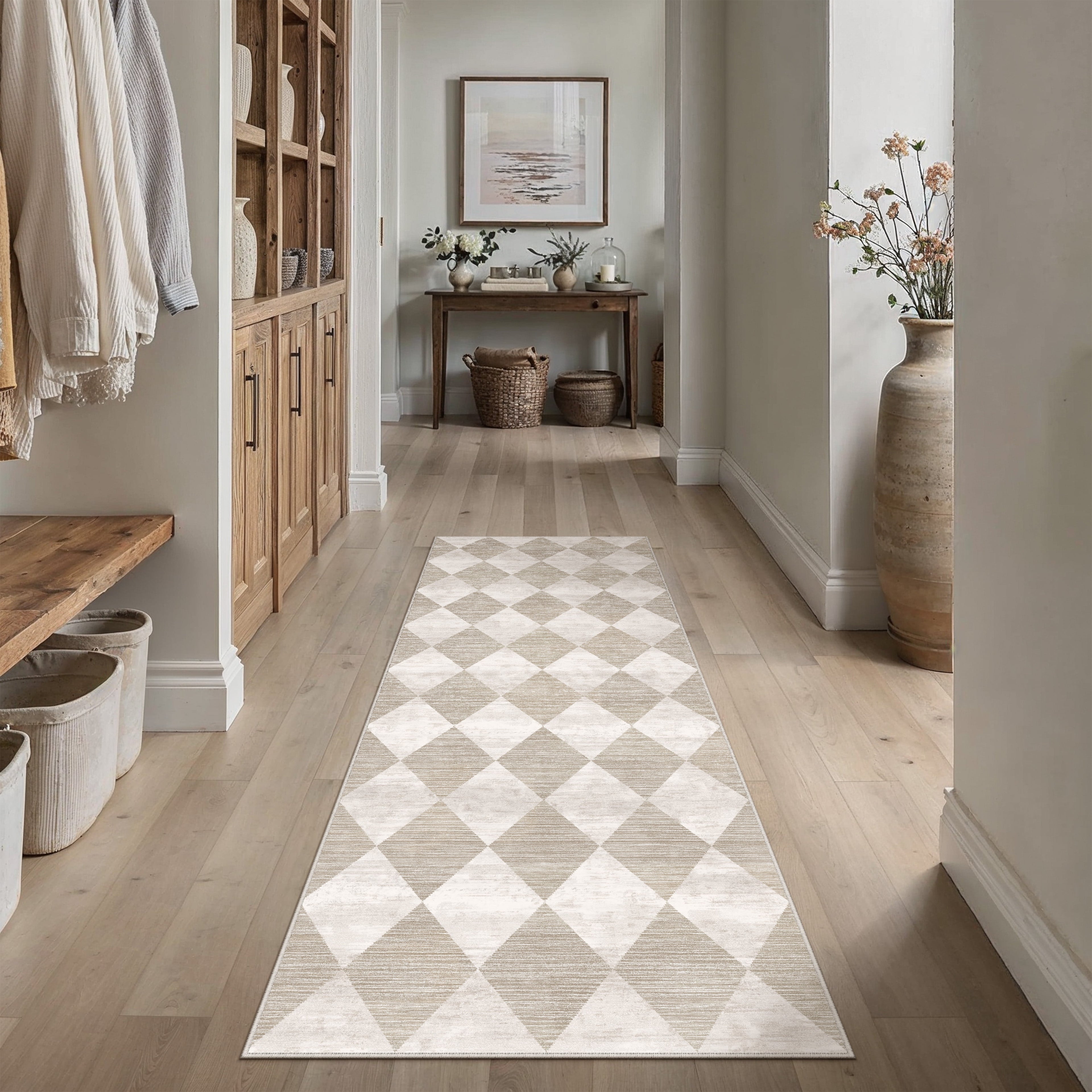 BERTHMEER 2'x6' Rhombus Checkered Runner Rugs for Hallway Entryway Bathroom Bedroom Kitchen Non Slip Washable Geometric Modern Contemporary Runner Rugs,Beige